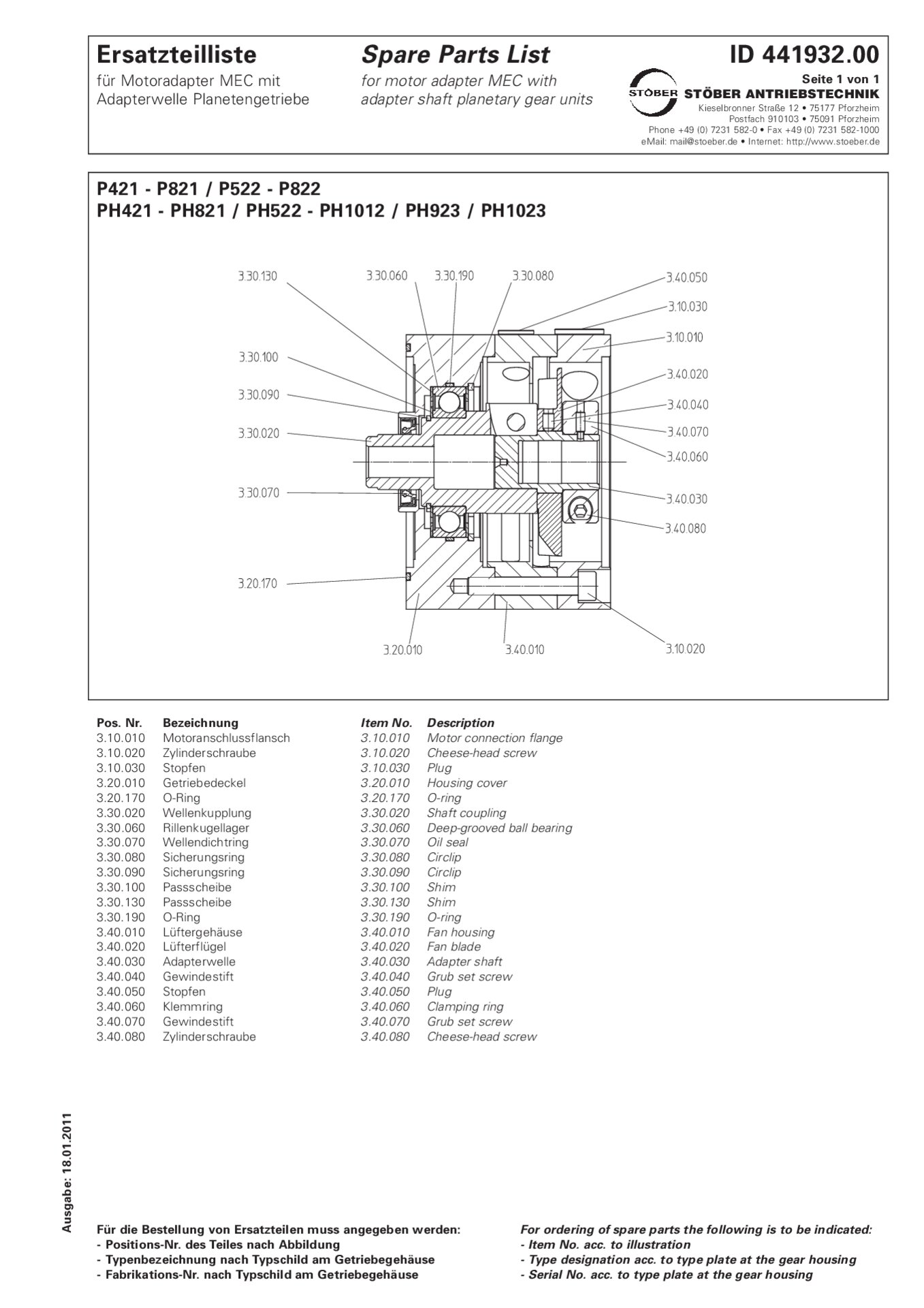 Ersatzteilliste MEC mit Adapterwelle P / PHSpare parts list MEC with adapter shaft P / PH