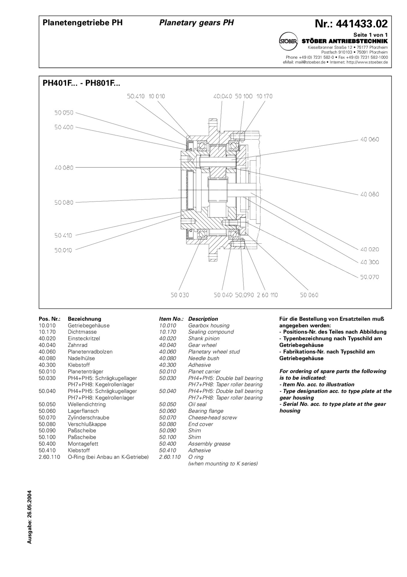 Spare parts list PH401/PH501/PH701/PH801