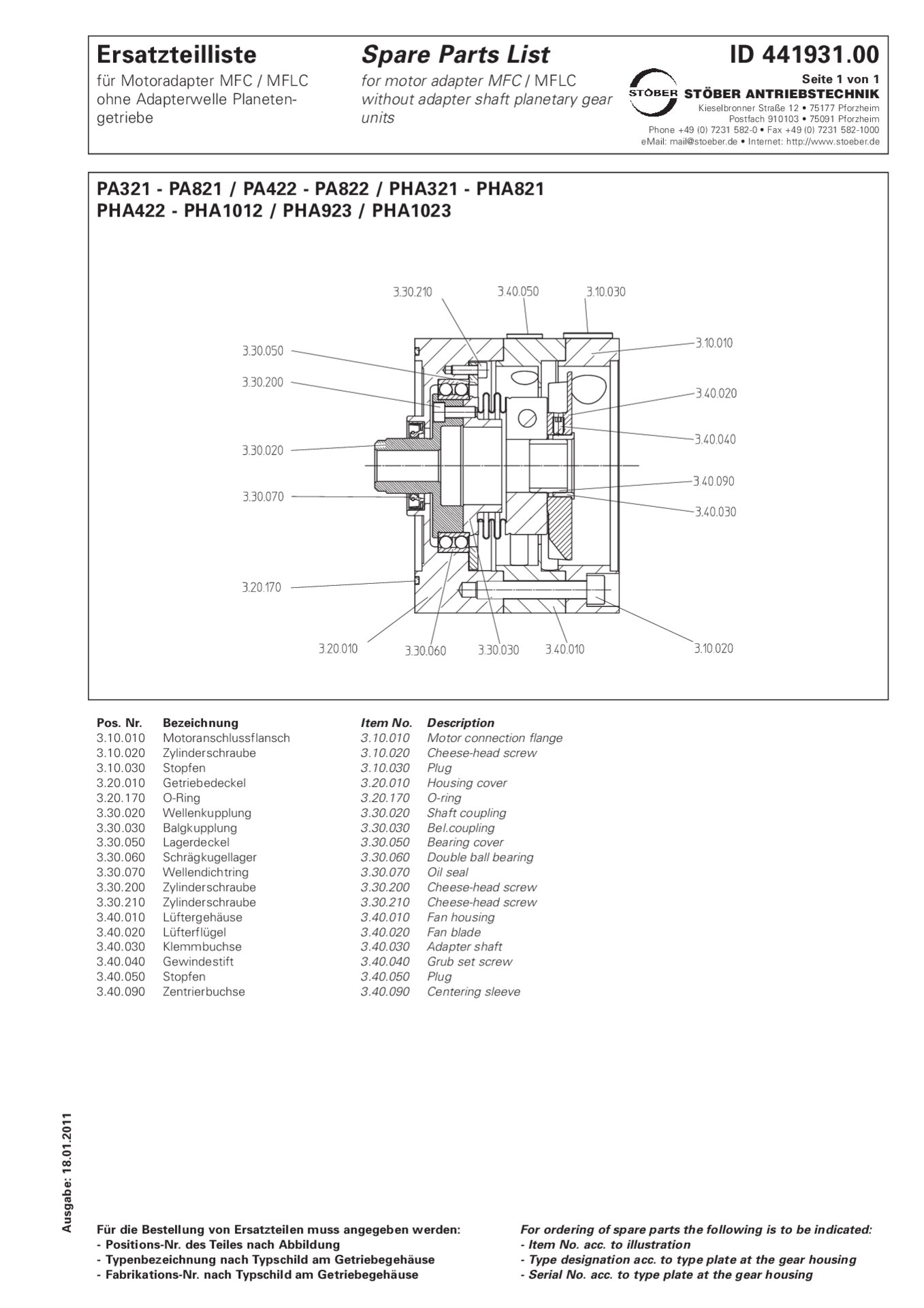 Spare parts list MFC / MFLC without adapter shaft PA / PHA