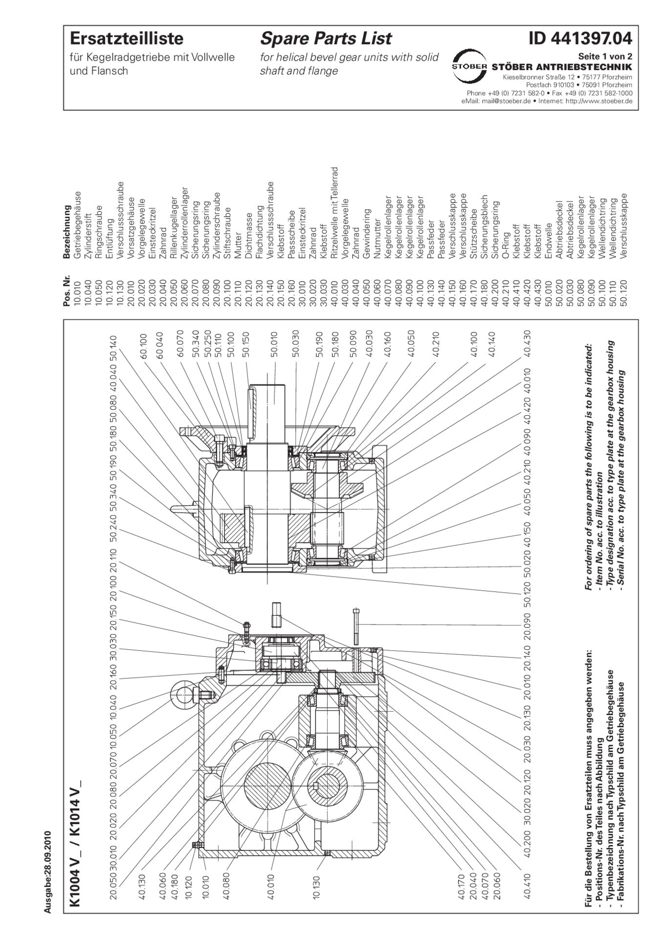 Ersatzteilliste Kegelradgetriebe K1004 K1014 VReplacement parts list helical bevel gear units K1004 K1014 V