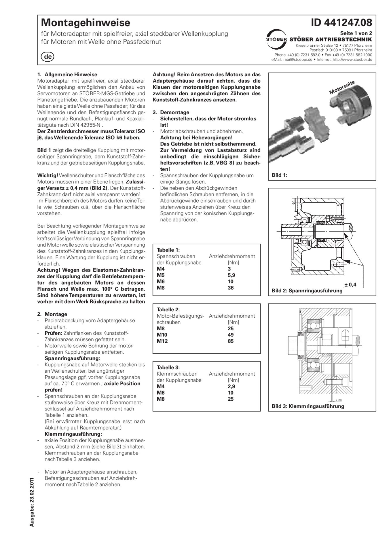 Montageanleitung Motoradapter mit axial steckbarer WellenkupplungAssembly instructions Motor adapter with axially plug-in coupling