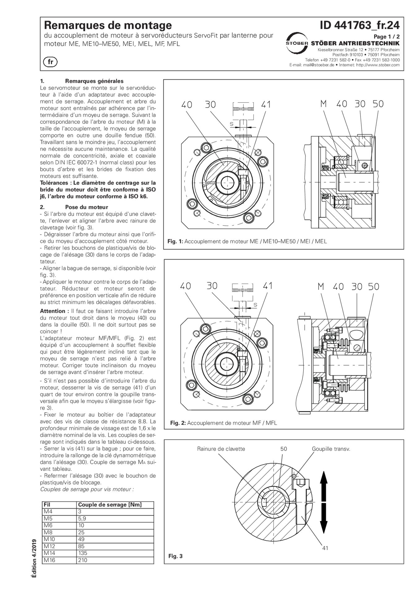 Remarques de montage du accouplement de moteur à servoréducteurs ServoFit par lanerne pour moteur ME ME10-ME50 MEI MEL MG MFL