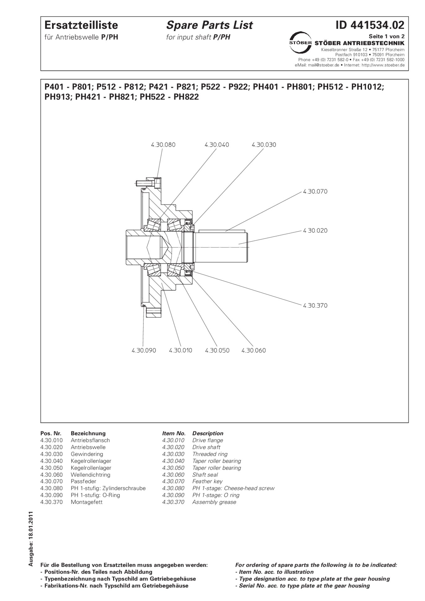 Spare parts list Input shaft P/PH