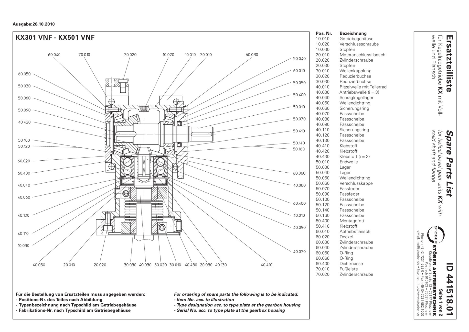 Ersatzteilliste Kegelradgetriebe KX301 KX401 KX501 VNF