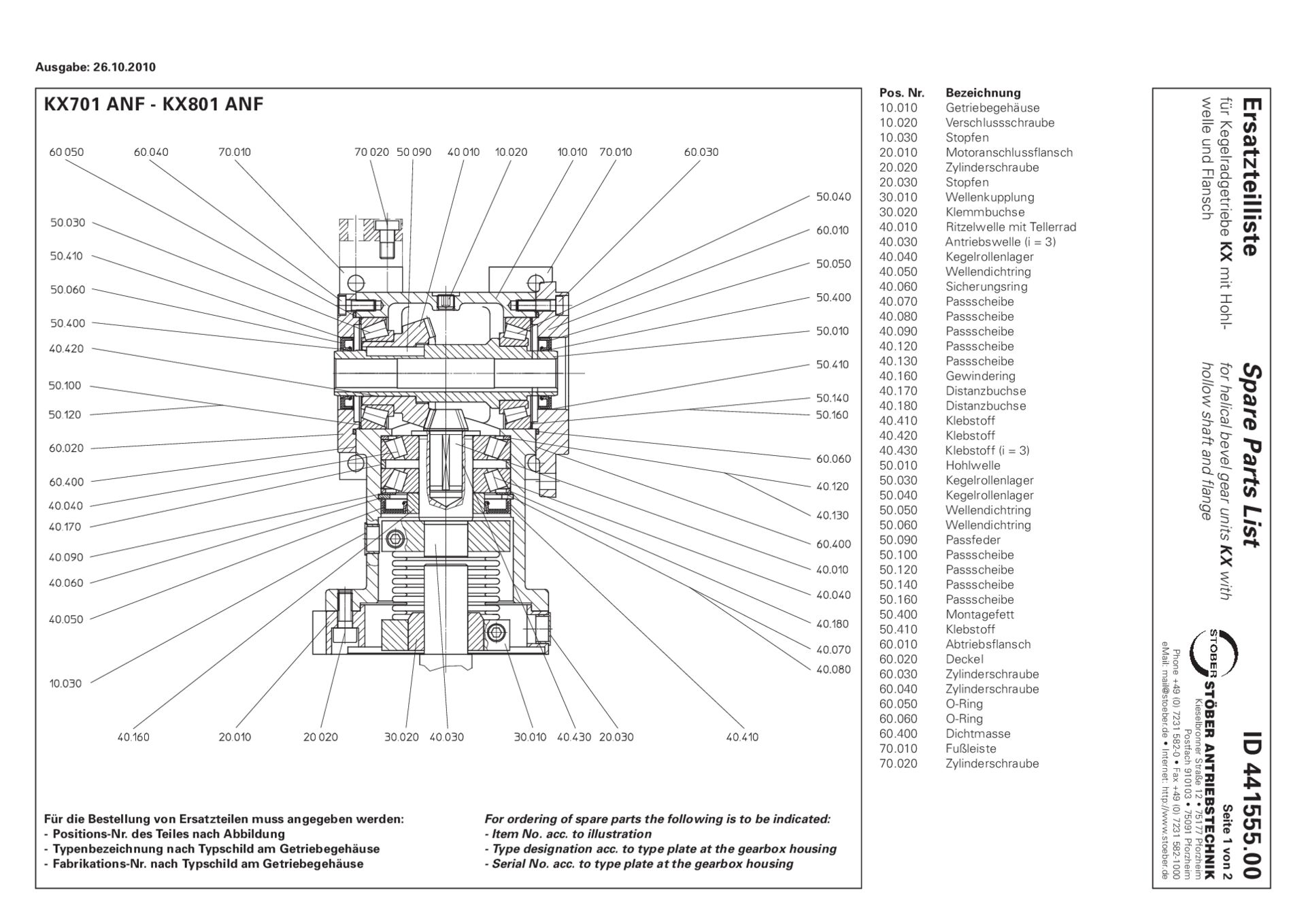 Ersatzteilliste Kegelradgetriebe KX701 KX801 ANF