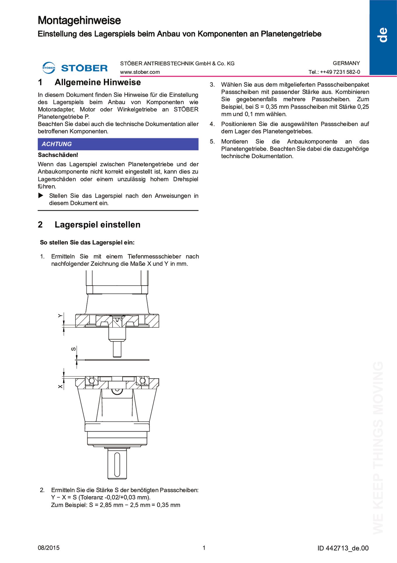 Instructions de montage Adjusting the bearing clearance P gear unit