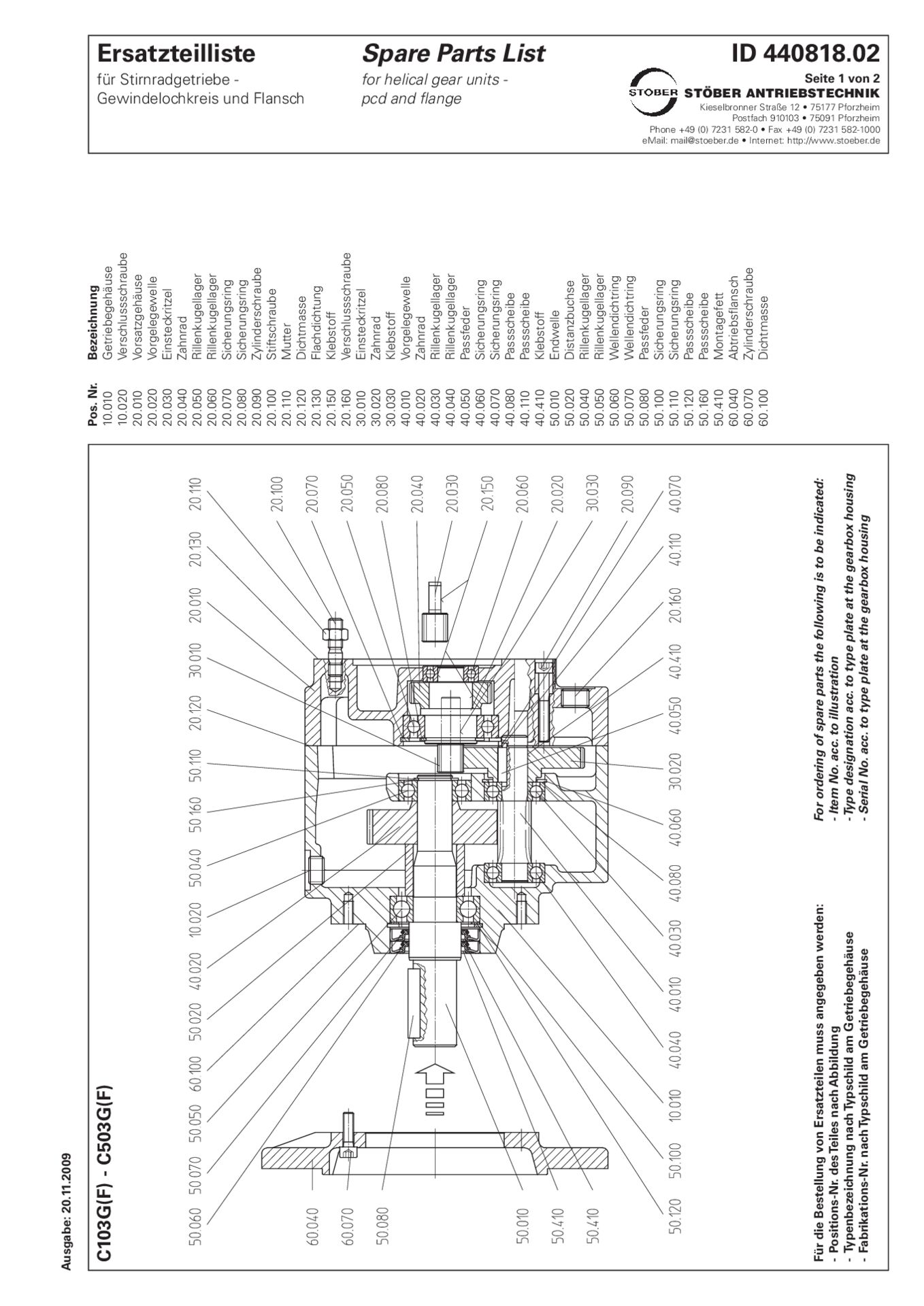 Replacement parts list helical gear units C103 C203 C303 C403 C503 G F