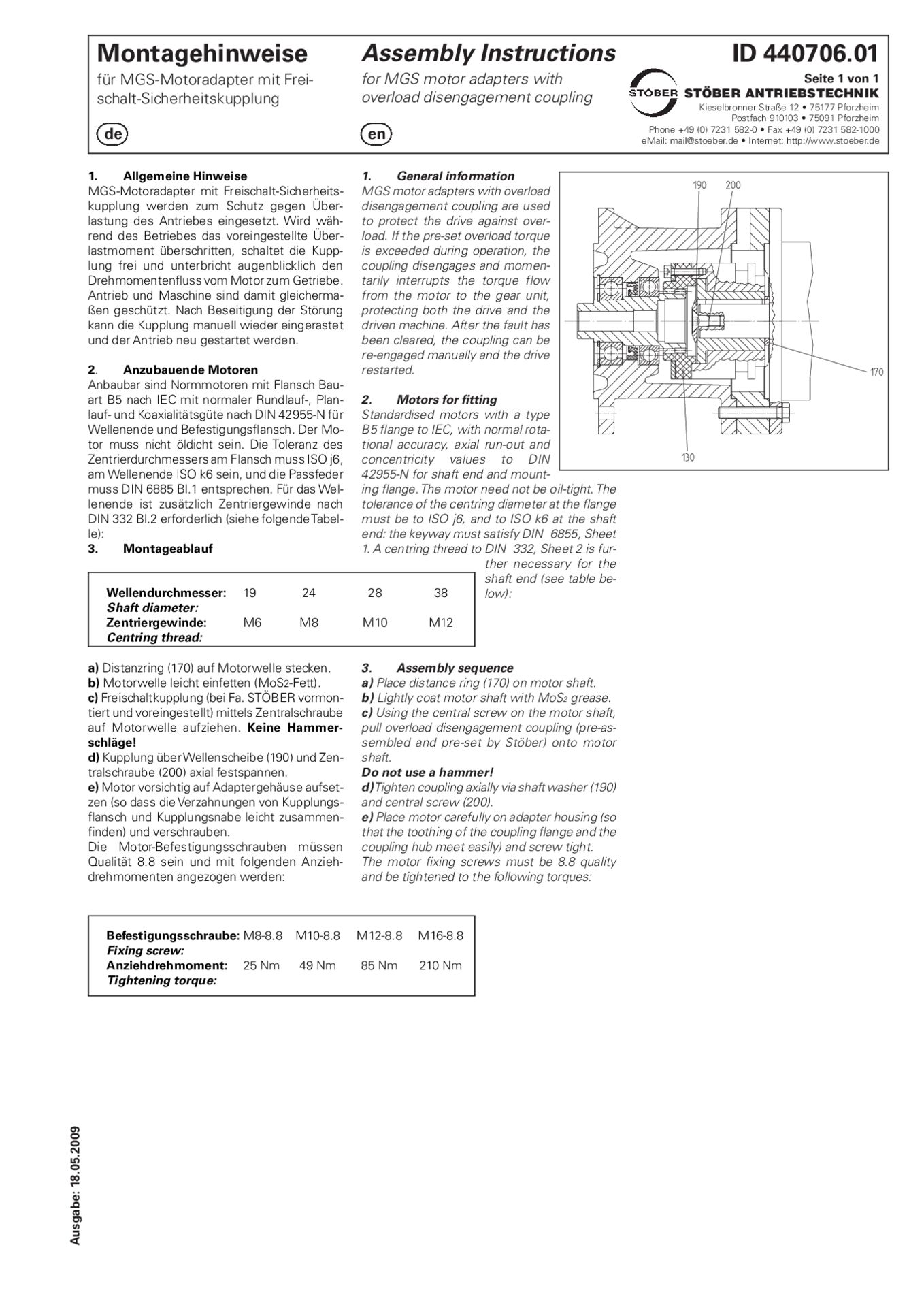 Assembly instructions MGS motor adapter with overload disengagement couplingMontageanleitung MGS-Motoradapter mit Freischalt-Sicherheitskupplung