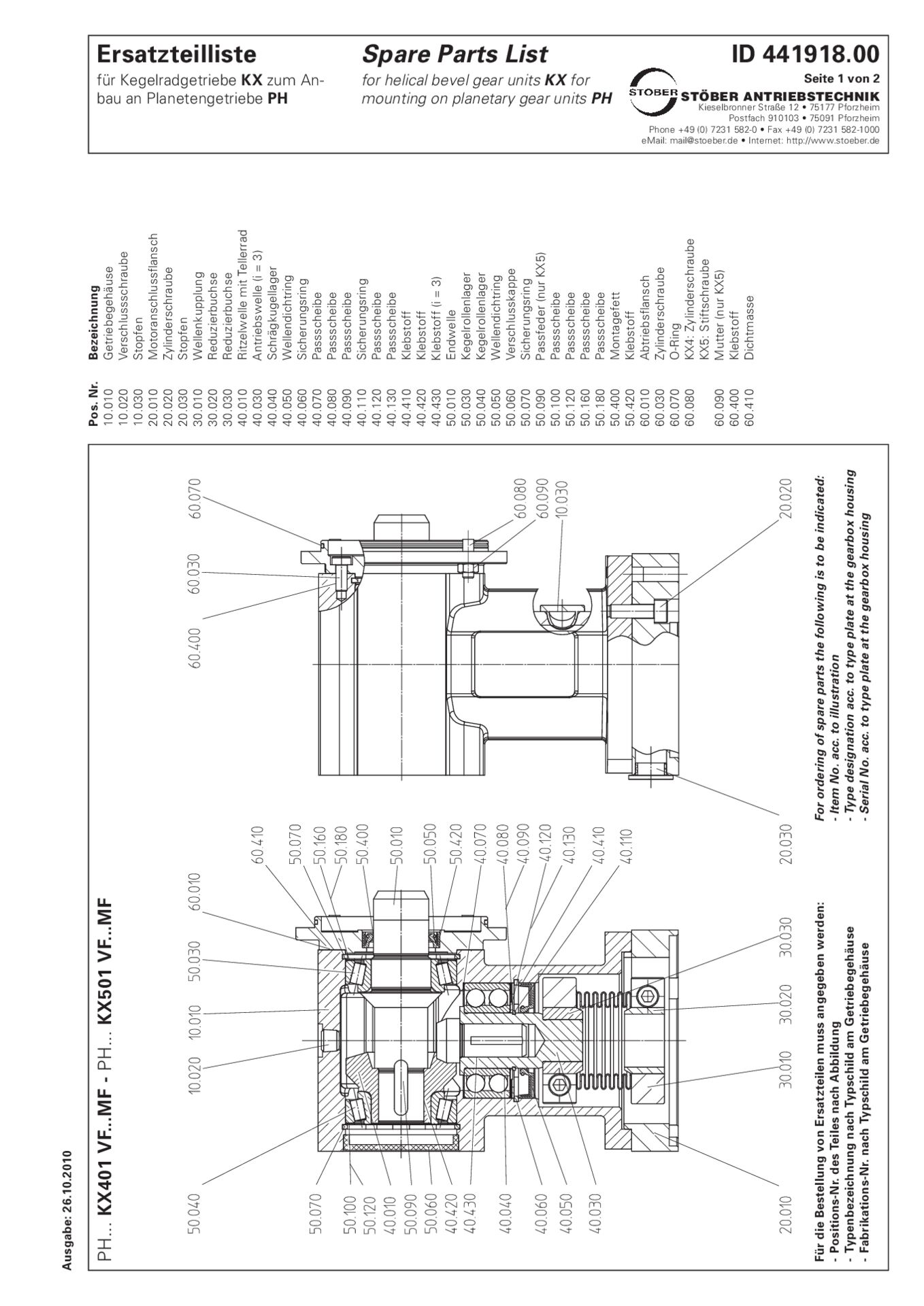 Ersatzteilliste Kegelradgetriebe KX301 KX401 VF für den Anbau an PH-Getriebe ab 2006