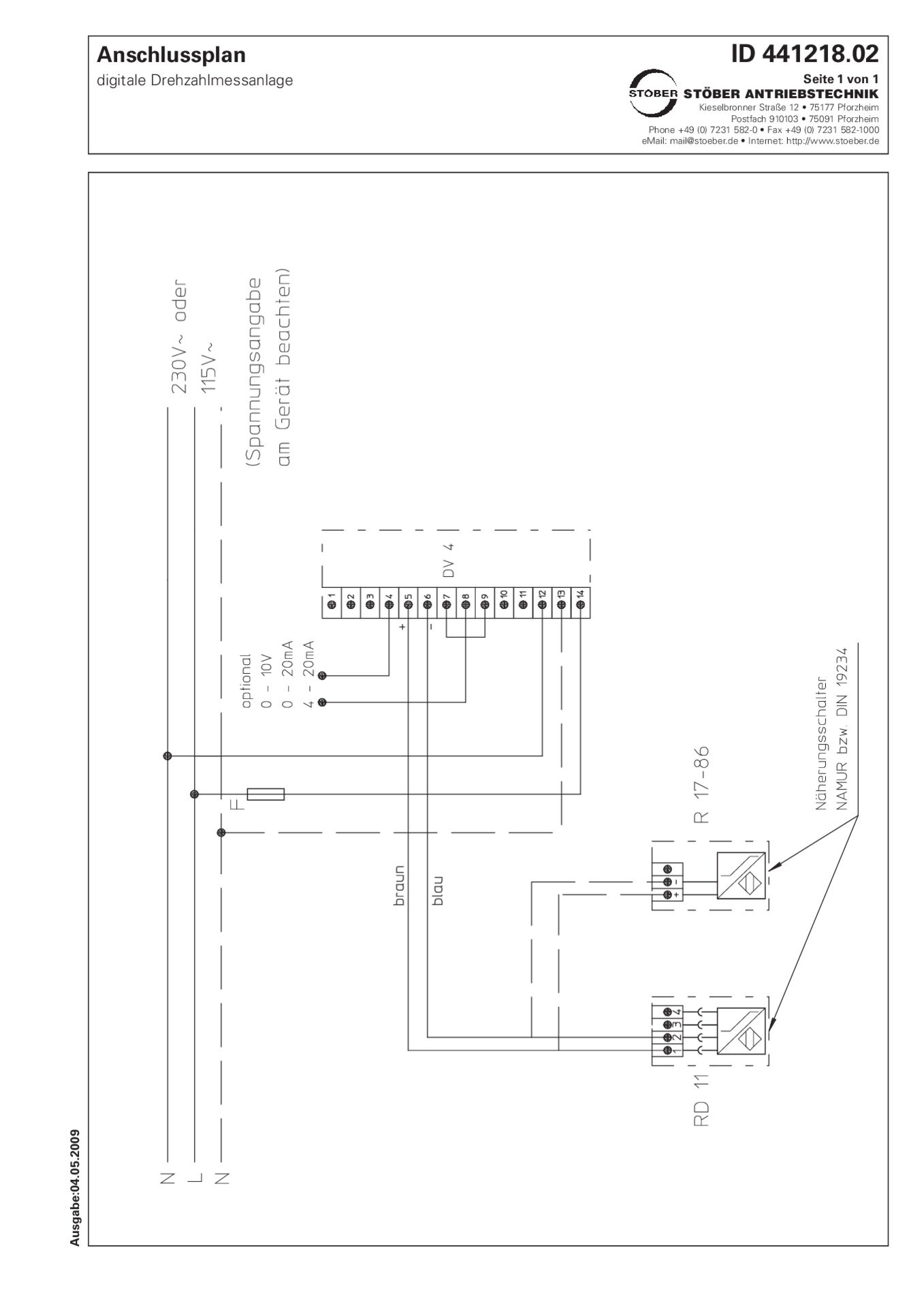 Anschlussplan R17-R86 Digitale Drehzahlmessanlage 115/230 V