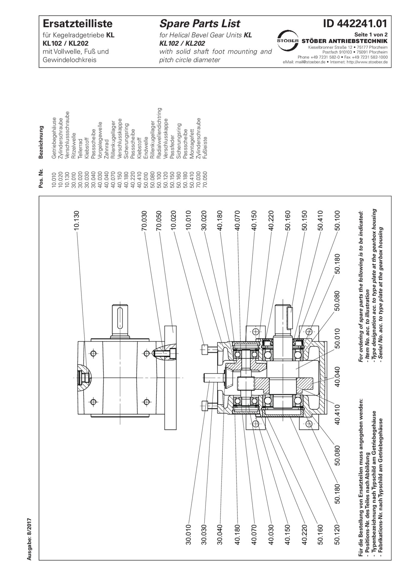 Ersatzteilliste Kegelradgetriebe KL102 KL202 PNG GNGReplacement parts list helical bevel gear units KL102 KL202 PNG GNG