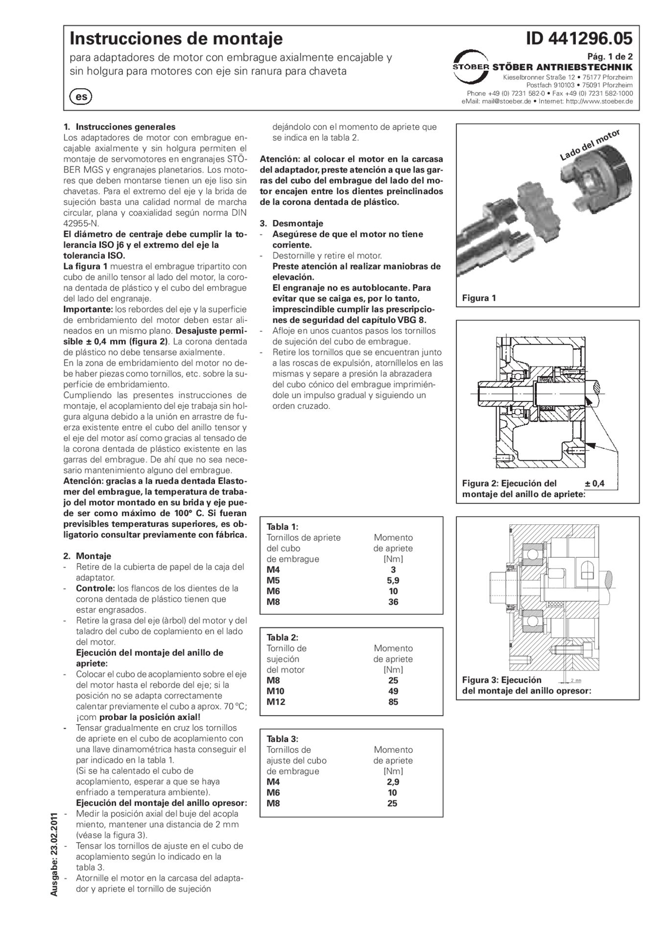 Instrucciones de montaje para adaptadores de motor con embrague axialmente encajable y sin holgura para motores con eje sin ranura para chaveta