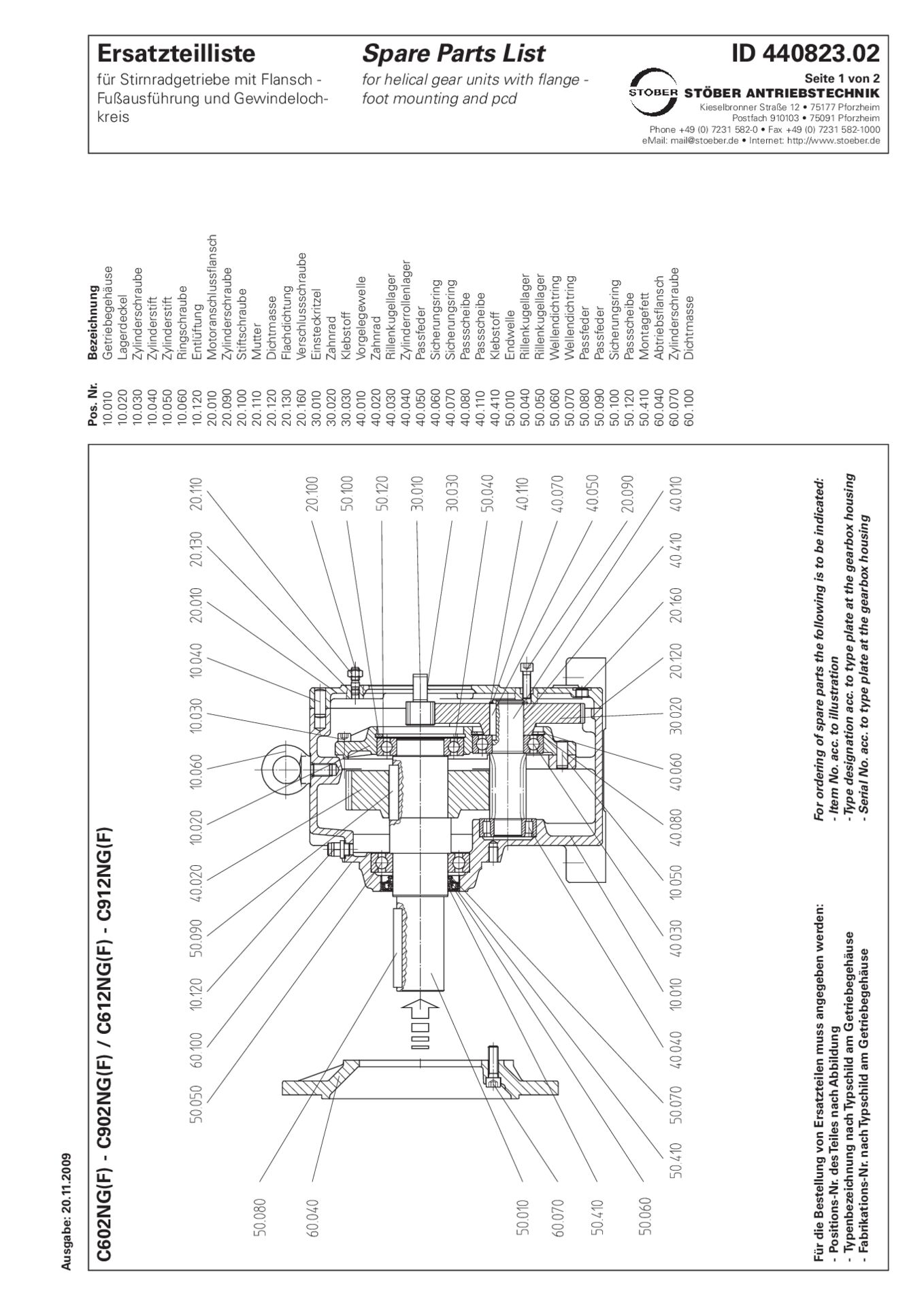 Replacement parts list helical gear units C602 C612 C702 C712 C802 C812 C902 C912 NG NF