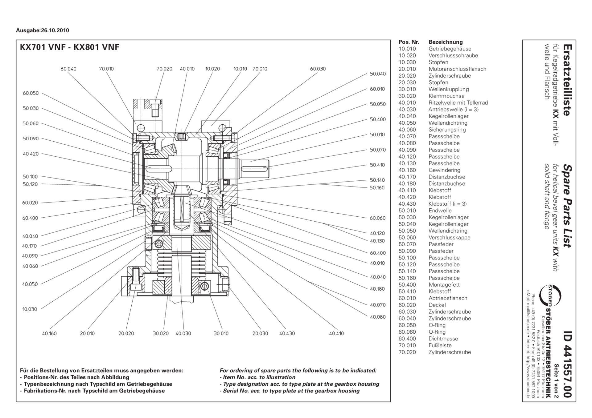 Ersatzteilliste Kegelradgetriebe KX701 KX801 VNF