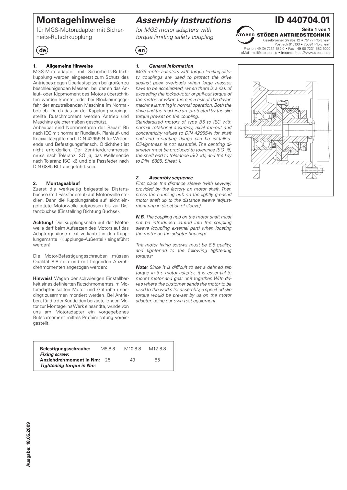Montageanleitung MGS-Motoradapter mit Sicherheits-RutschkupplungAssembly instructions MGS motor adapter with torque limiting safety coupling