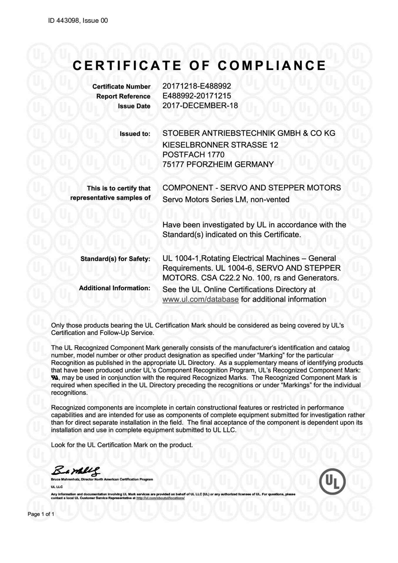 Certificate UL - cURus Lean motors LM