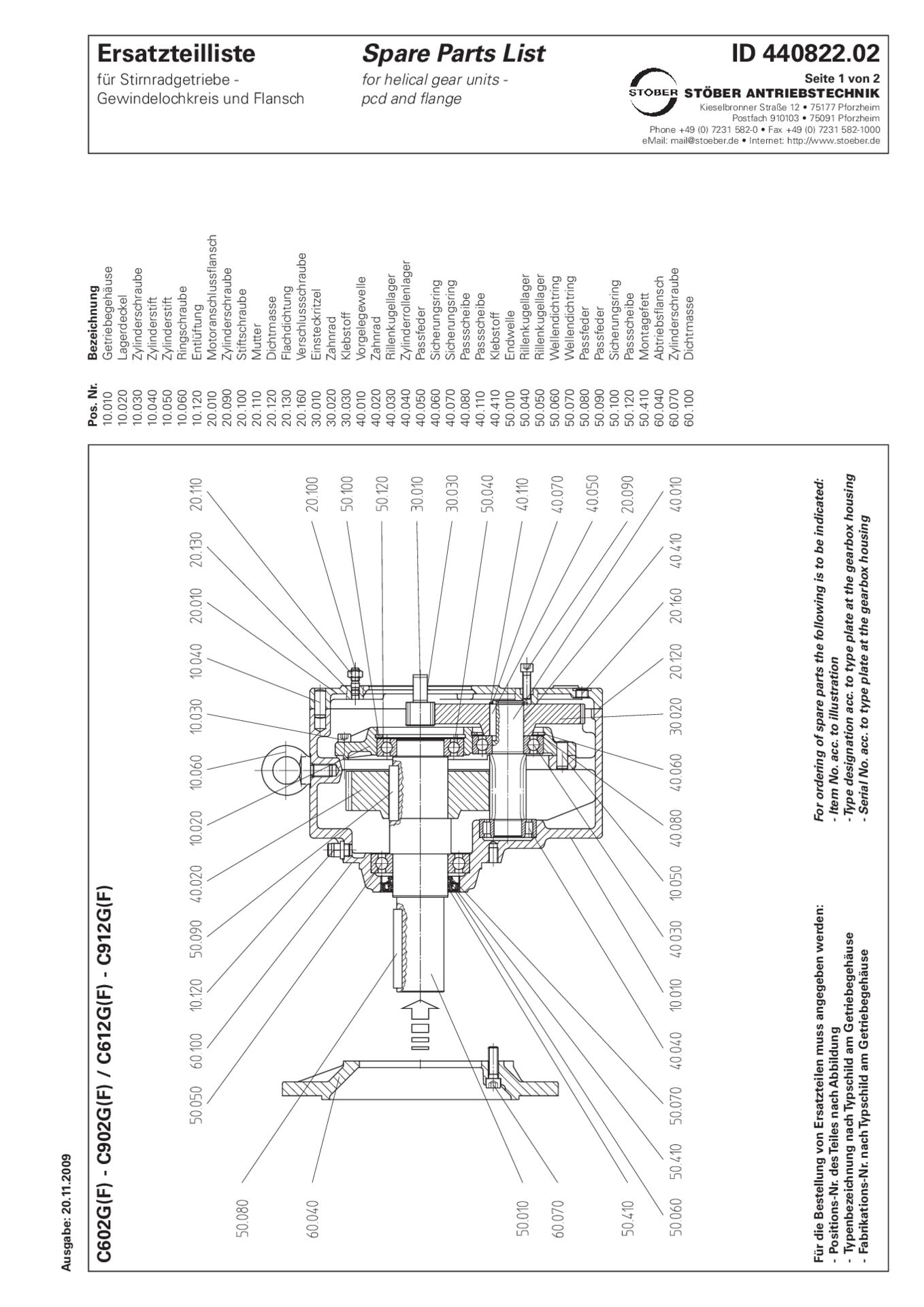 Replacement parts list helical gear units C602 C612 C702 C712 C802 C812 C902 C912 G F