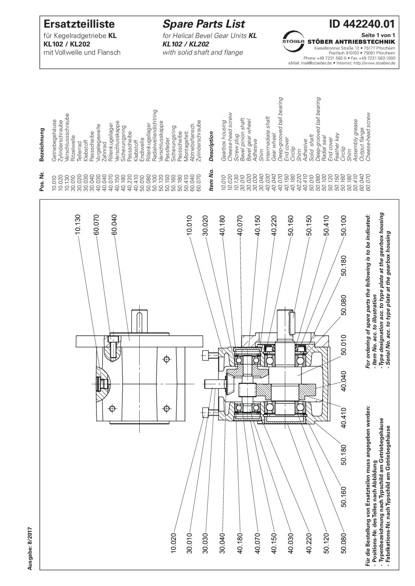 Replacement parts list helical bevel gear units KL102 KL202 PF GFErsatzteilliste Kegelradgetriebe KL102 KL202 PF GF