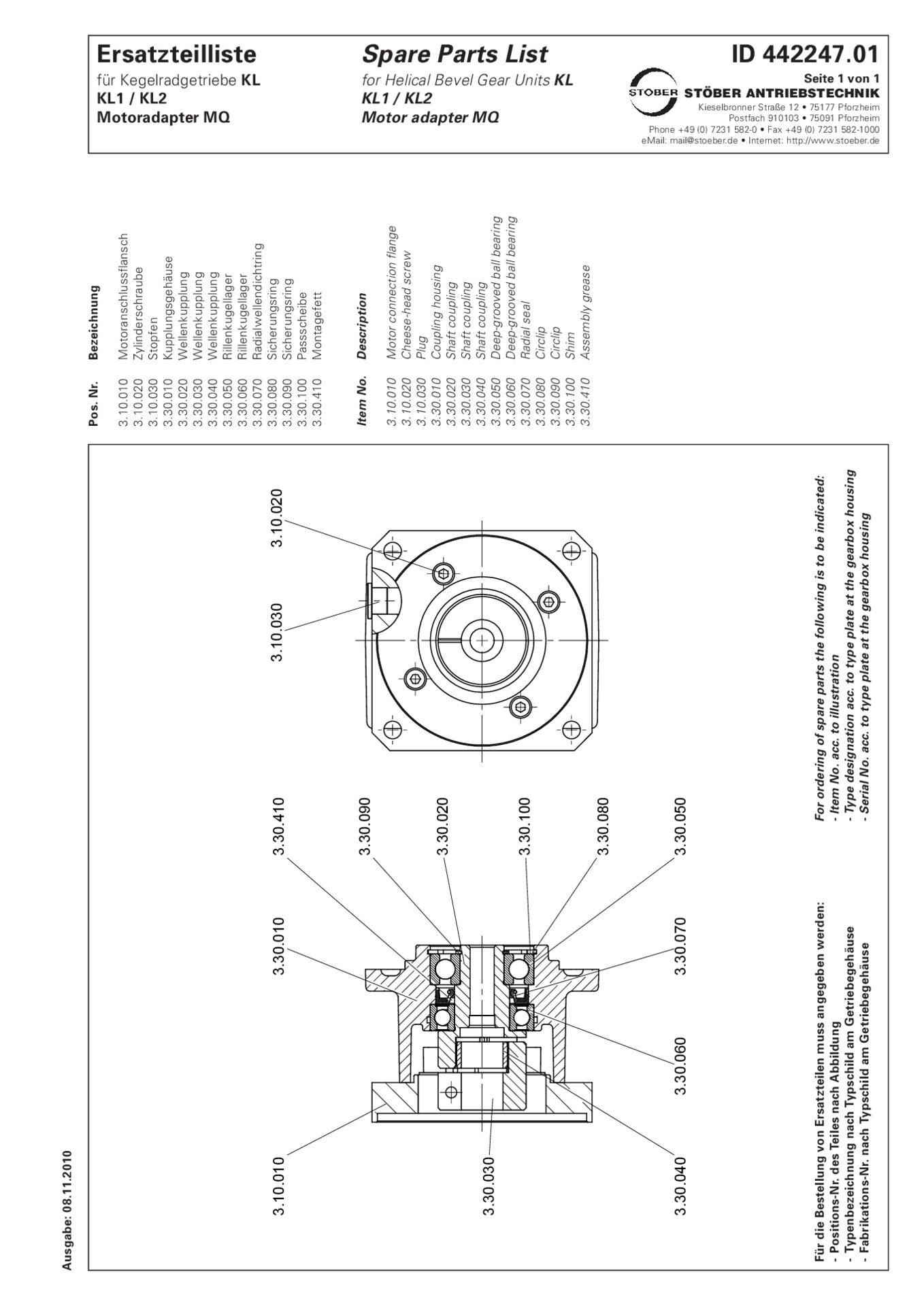 Ersatzteilliste MQ-Adapter für Kegelradgetriebe KL1 KL2Replacement parts list MQ motor adapter for helical bevel gear units KL1 KL2