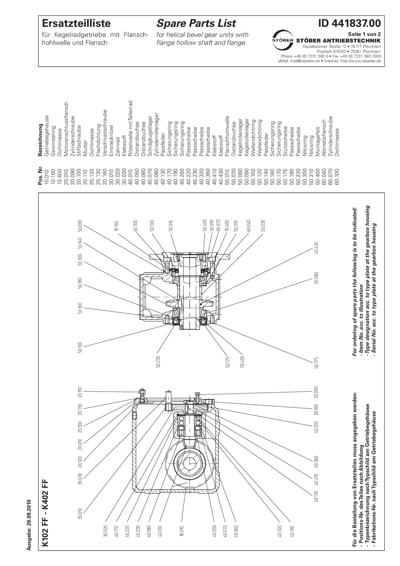Spare parts list K102/K202/K302/K402 FF