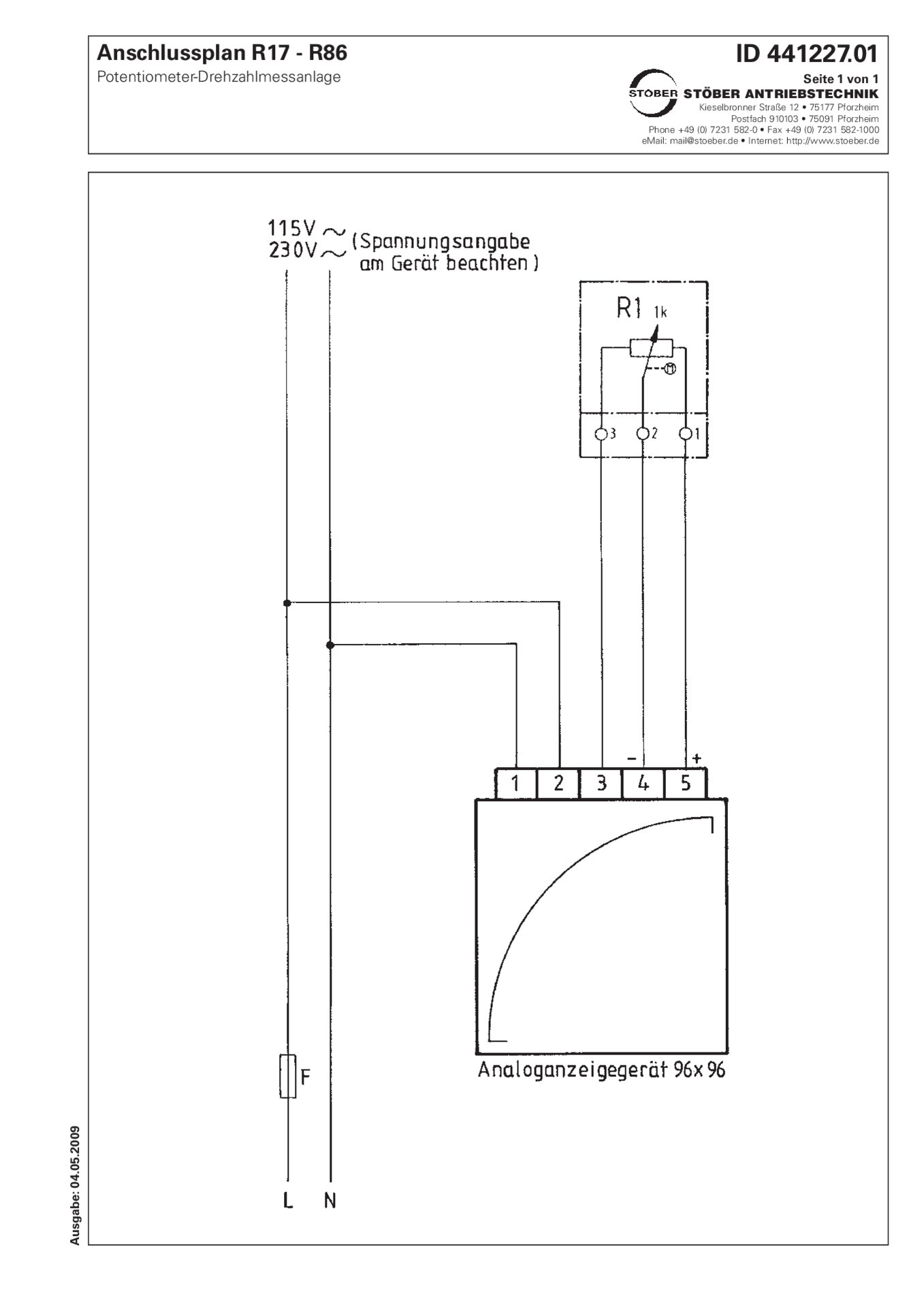 Anschlussplan R17-R86 Potentiometer-Drehzahlmessanlage 115/230 V