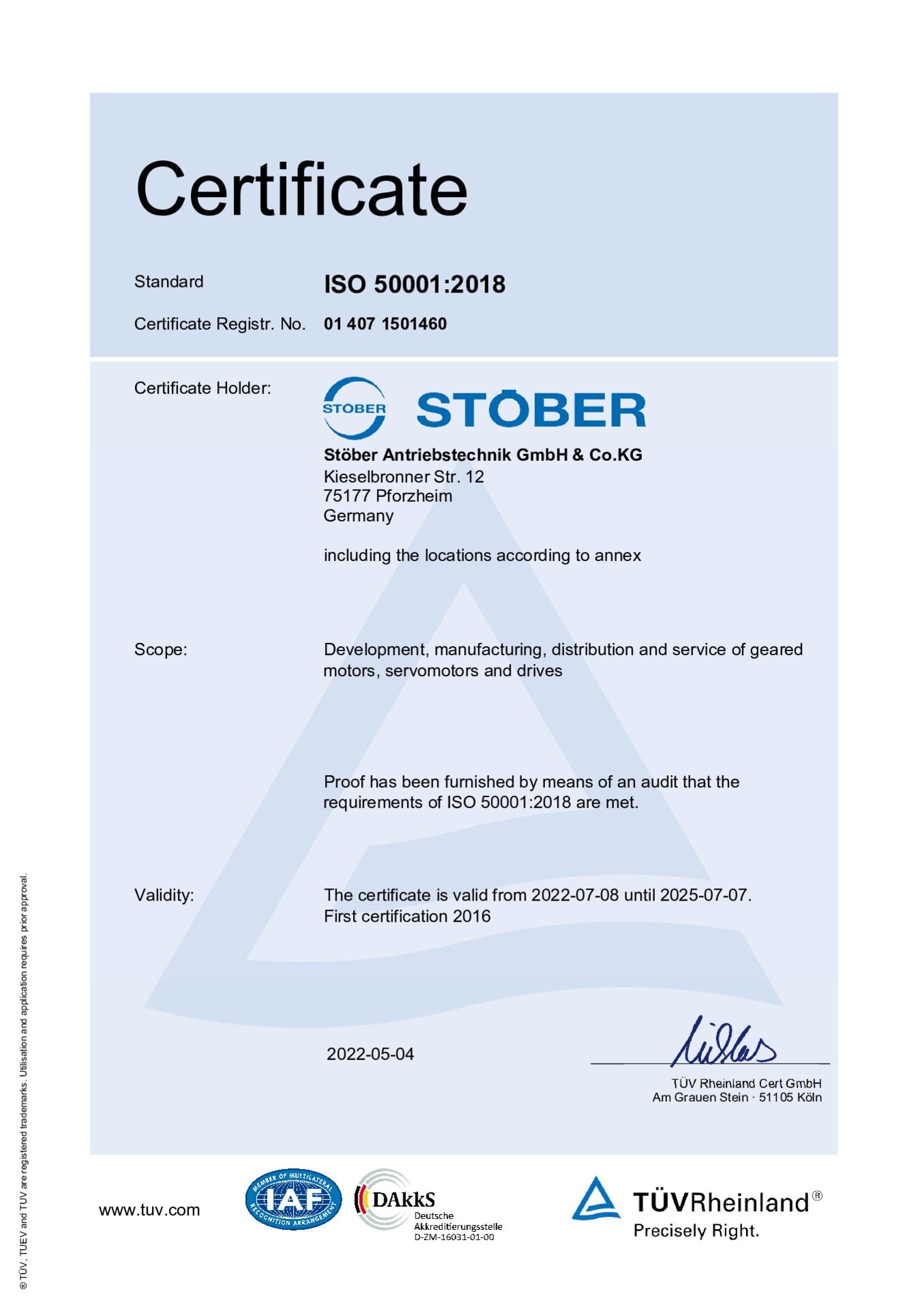 STOBER Maincertificate ISO 50001 2018