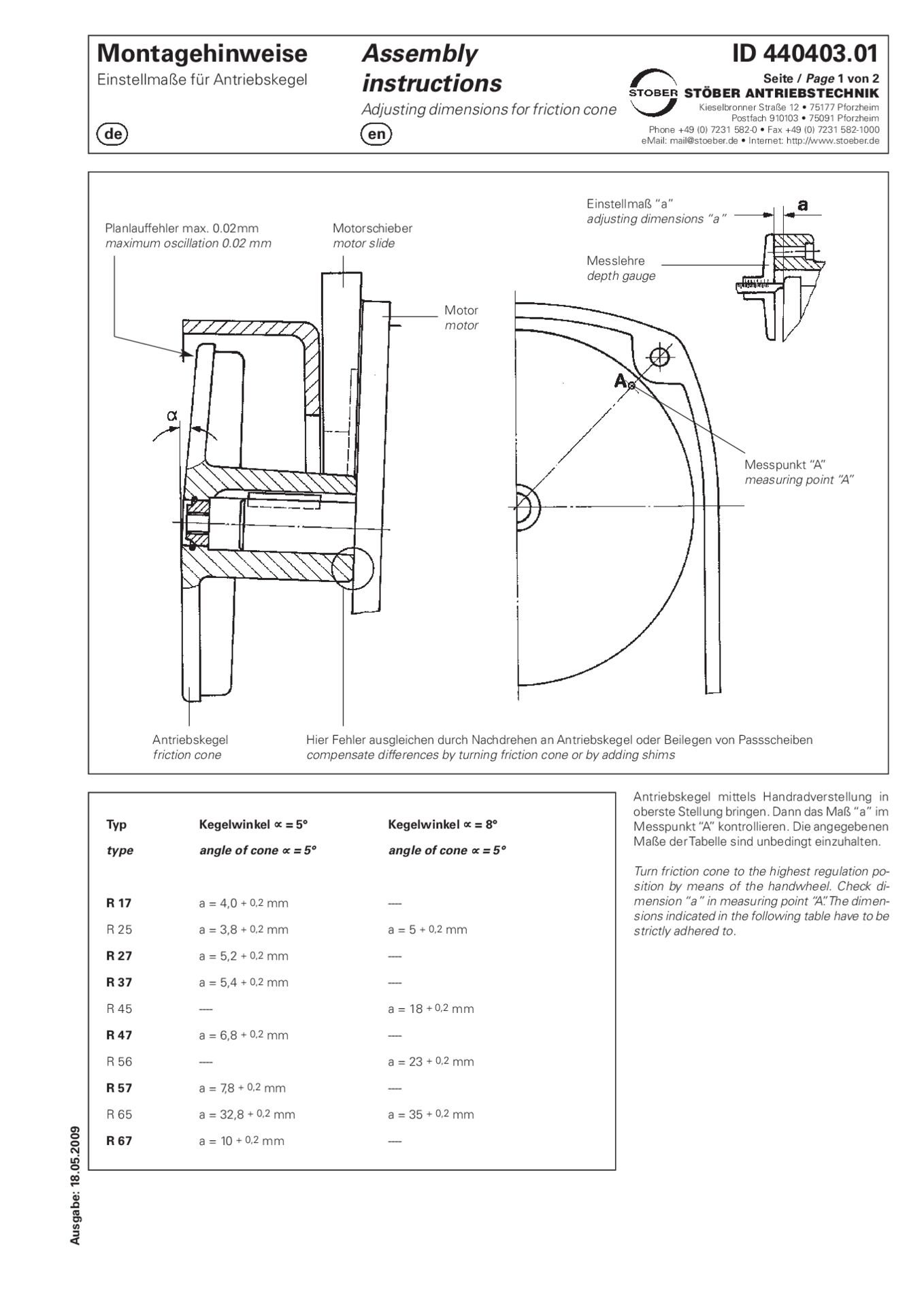 Assembly instructions Adjusting dimensions for friction cone R