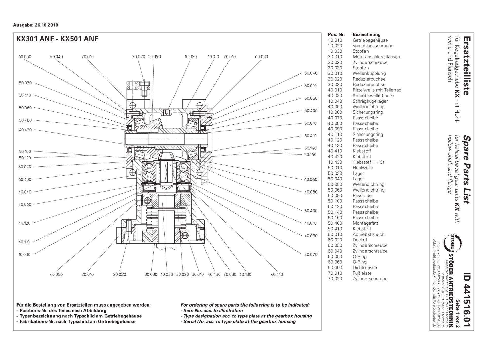 Ersatzteilliste Kegelradgetriebe KX301 KX401 KX501 ANF