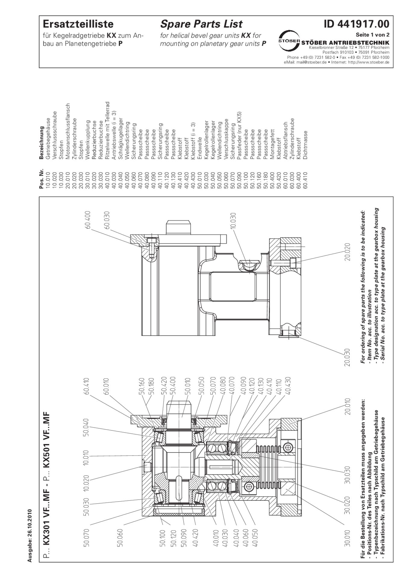Ersatzteilliste Kegelradgetriebe KX301 KX401 VF für den Anbau an P-Getriebe ab 2006