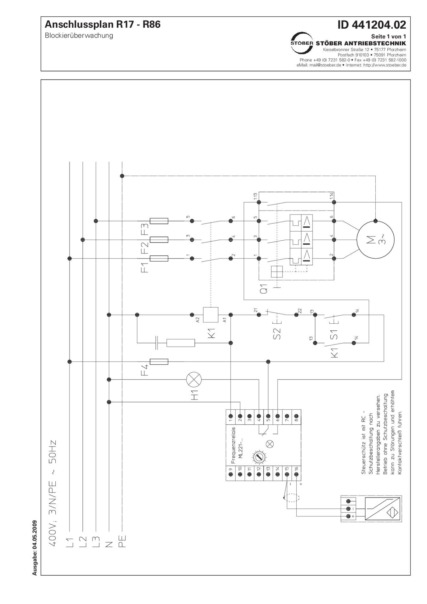 Anschlussplan R17-R86 Blockierüberwachung 230 V