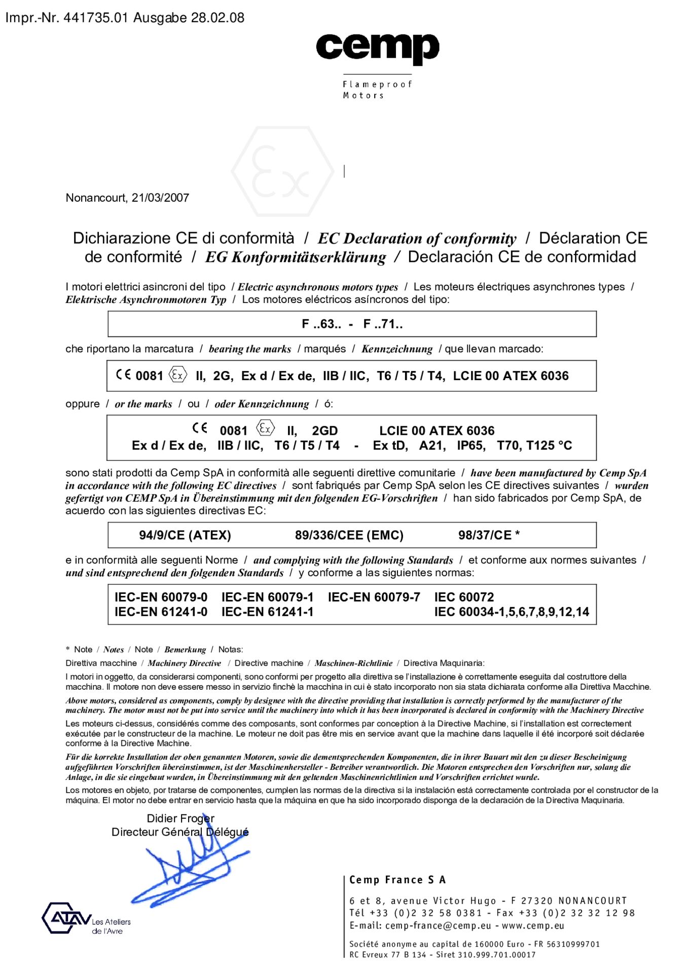 EG-Konformitätserklärung Asynchronmotoren F 63 - F 71EC Declaration of confirmity asynchronous motors F 63 - F 71
