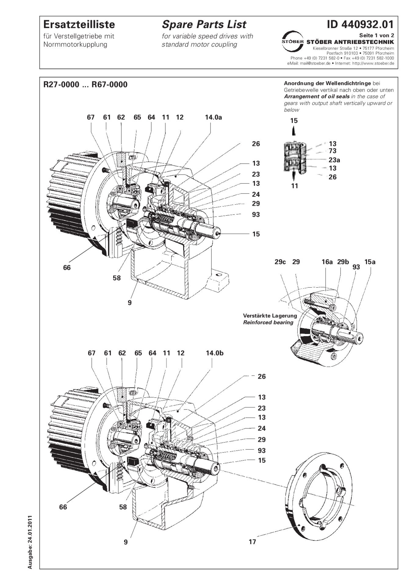Ersatzteilliste R27-0000 - R67-0000 mit NormmotorkupplungSpare parts list R27-0/R37-0/R47-0/R57-0/R67-0 with standard motor coupling