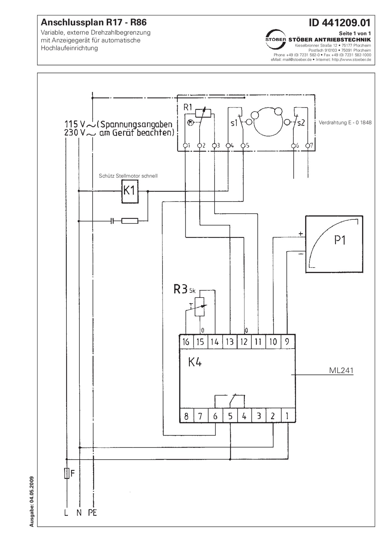 Anschlussplan R17-R86 var. ext. Drehzahlbegr. mit Anzeigegerät 115_230 V
