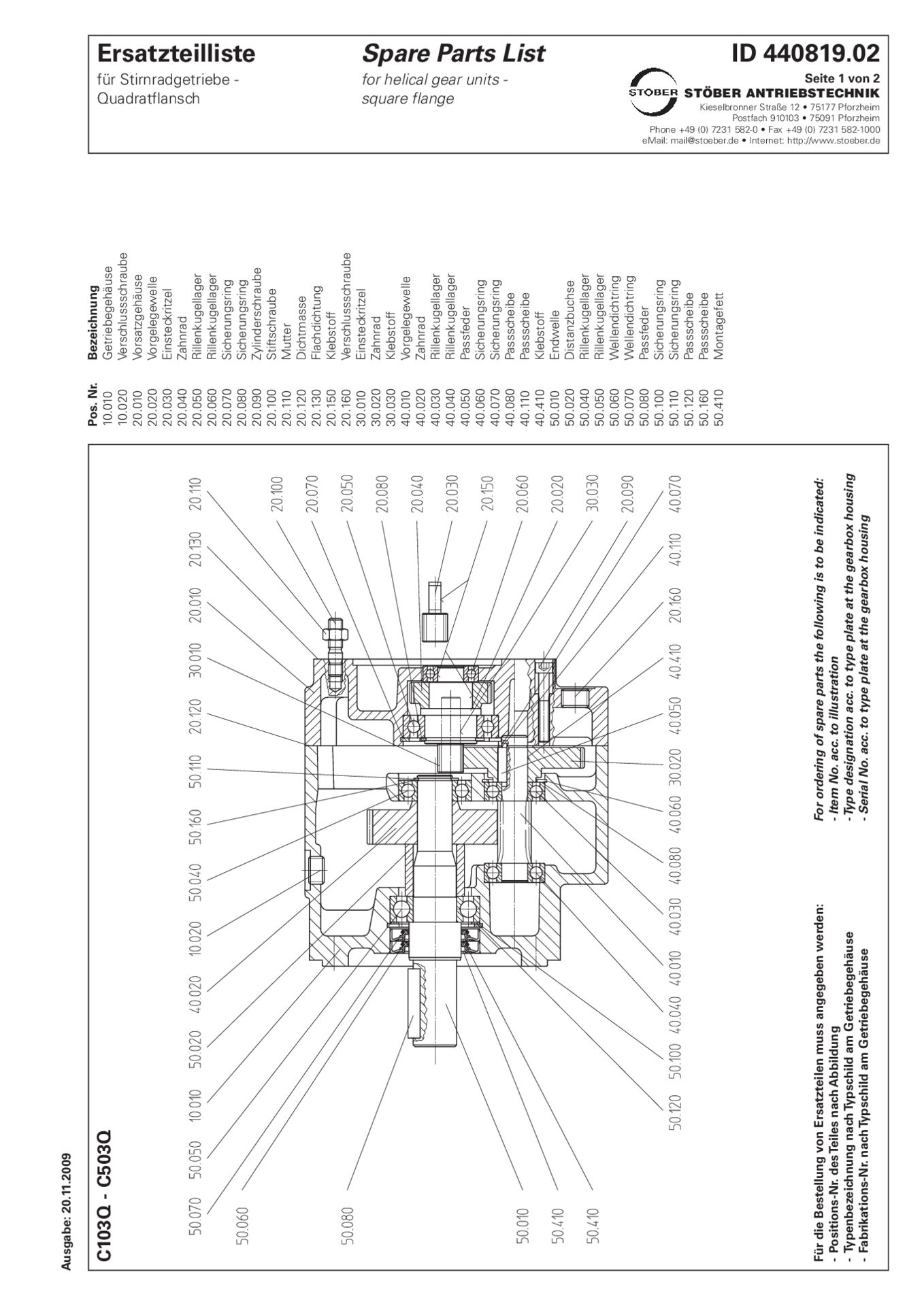 Replacement parts list helical gear units C103 C203 C303 C403 C503 Q