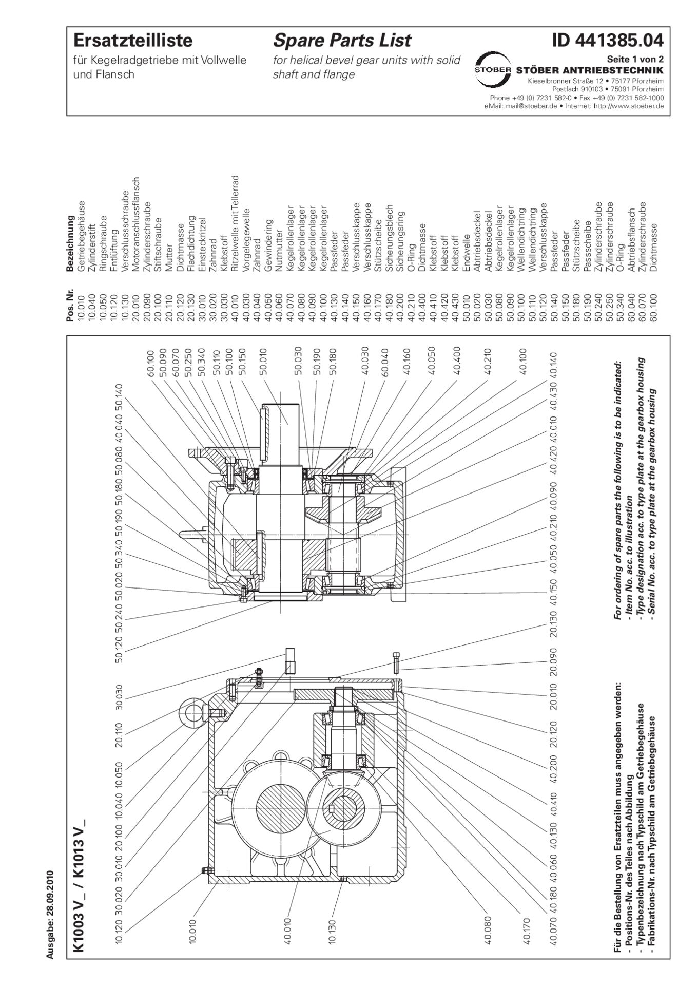 Ersatzteilliste Kegelradgetriebe K1003 K1013 V