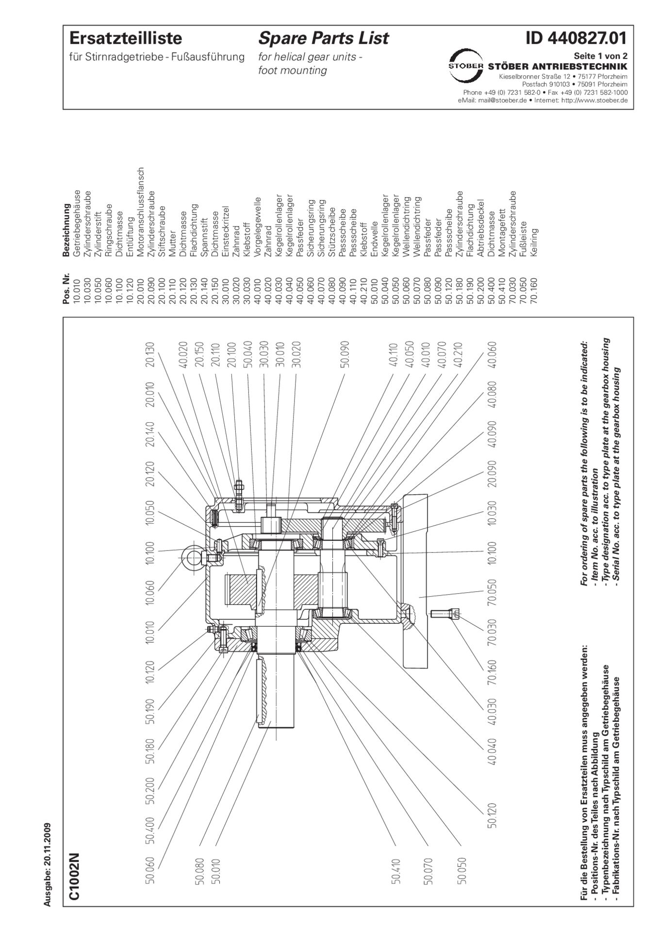 Replacement parts list helical gear units C1002 NErsatzteilliste Stirnradgetriebe C1002 N