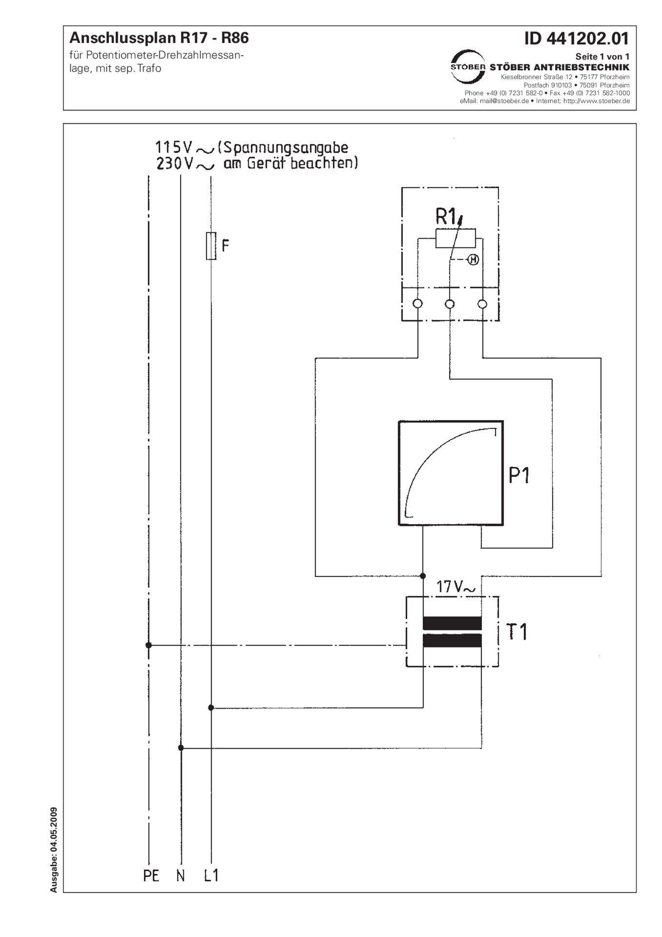 Anschlussplan R17-R86 Potentiometer-Drehzahlmessanlage mit separatem Trafo