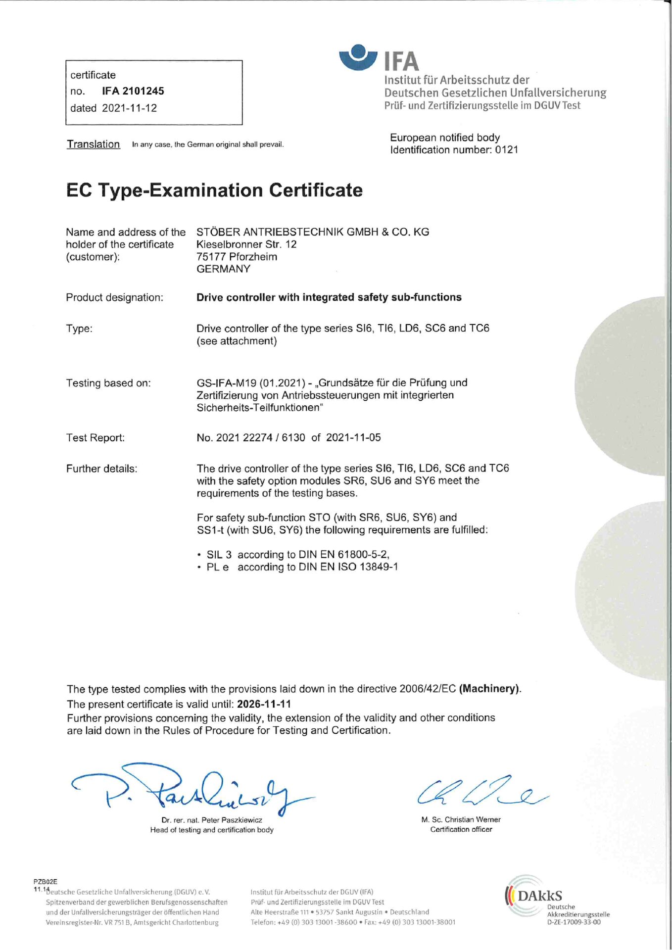 EC type-examination certificate SC6 SI6
