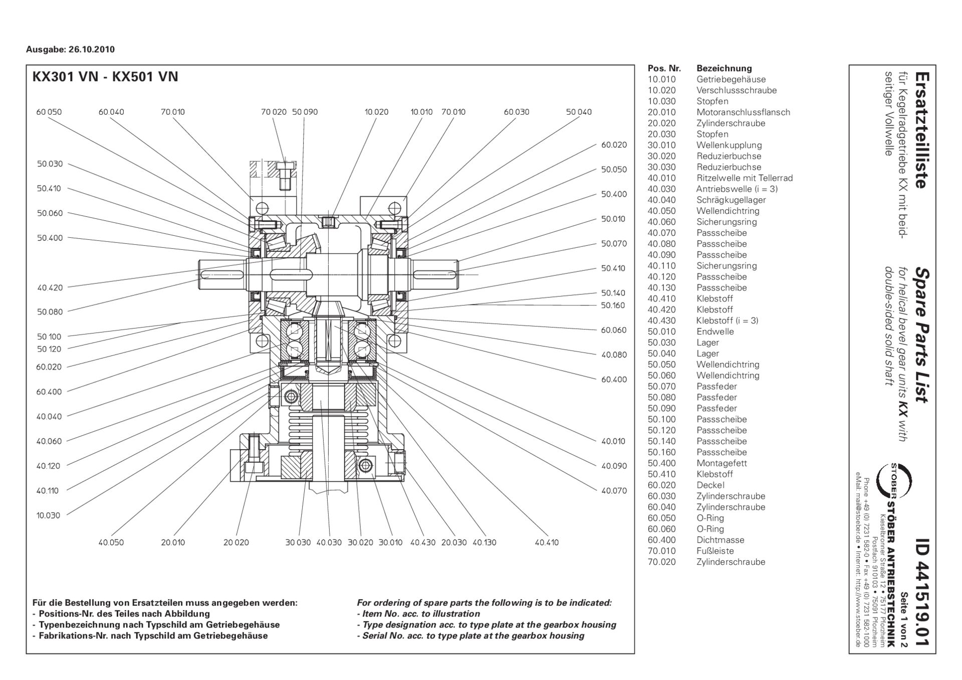 Ersatzteilliste Kegelradgetriebe KX401 KX501 VNF