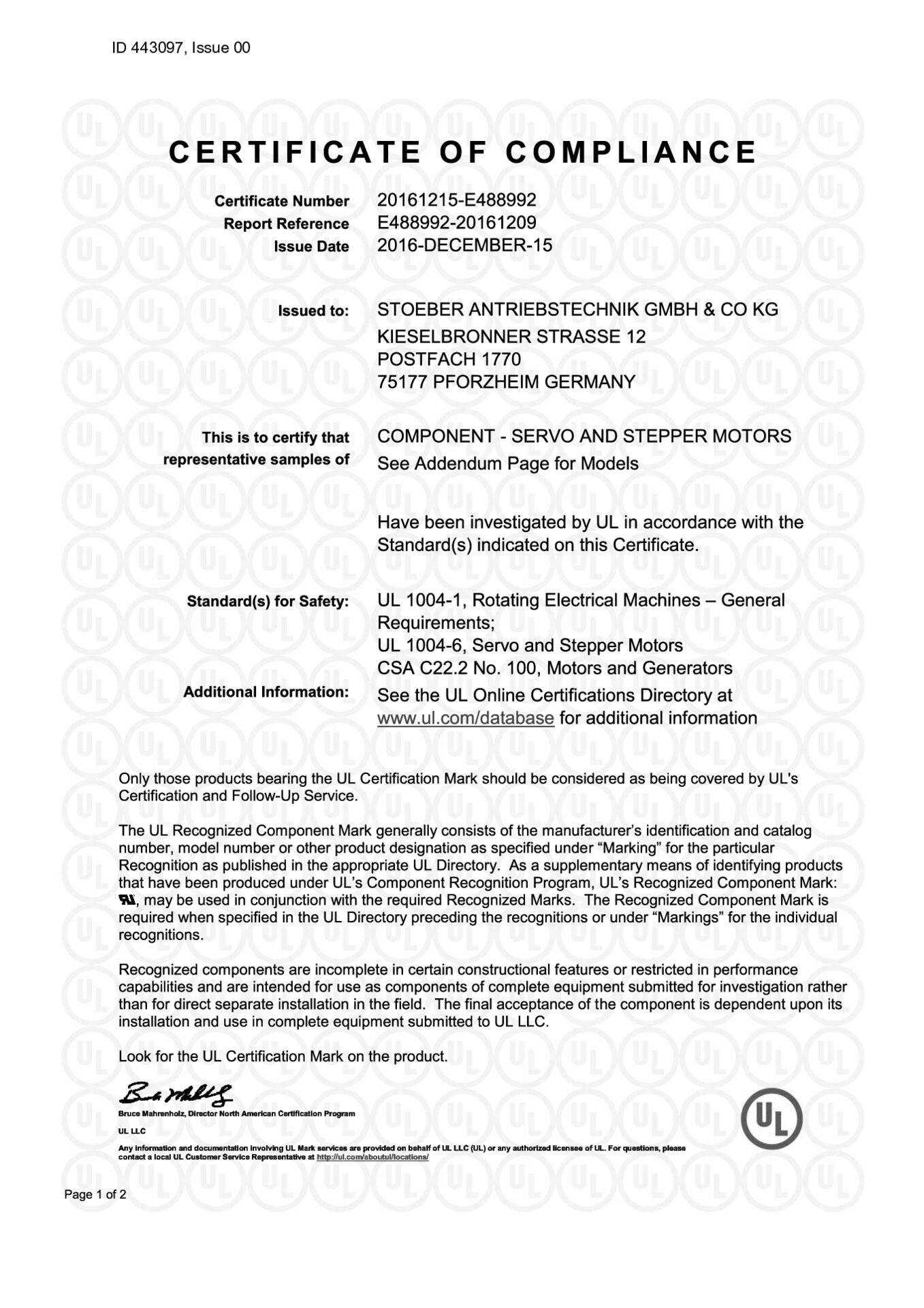 Certificate UL - cURus synchronous servomotors EZ EZS EZM EZHD EZHP