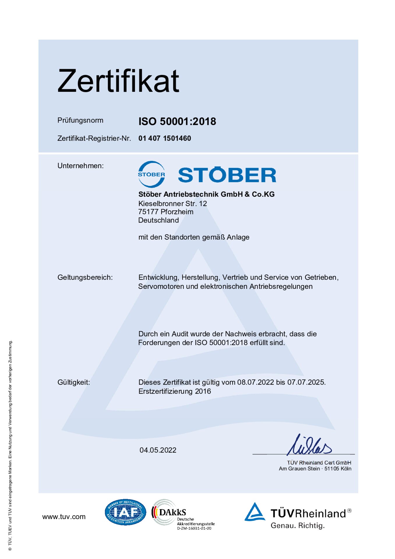 STÖBER Zertifkat ISO 50001 2018