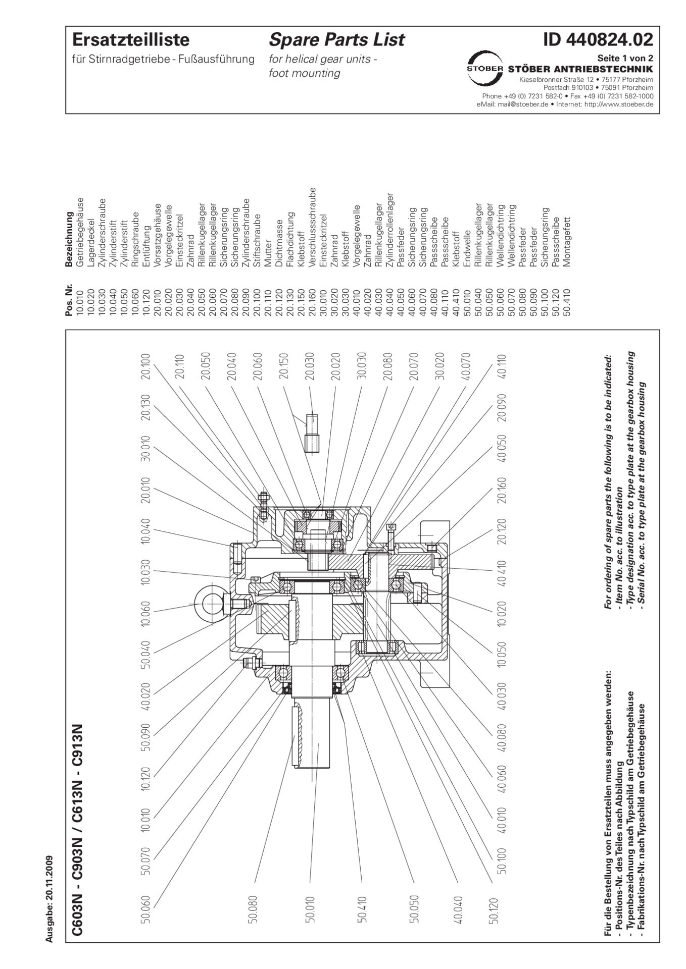 Replacement parts list helical gear units C603 C613 C703 C713 C803 C813 C903 C913 N