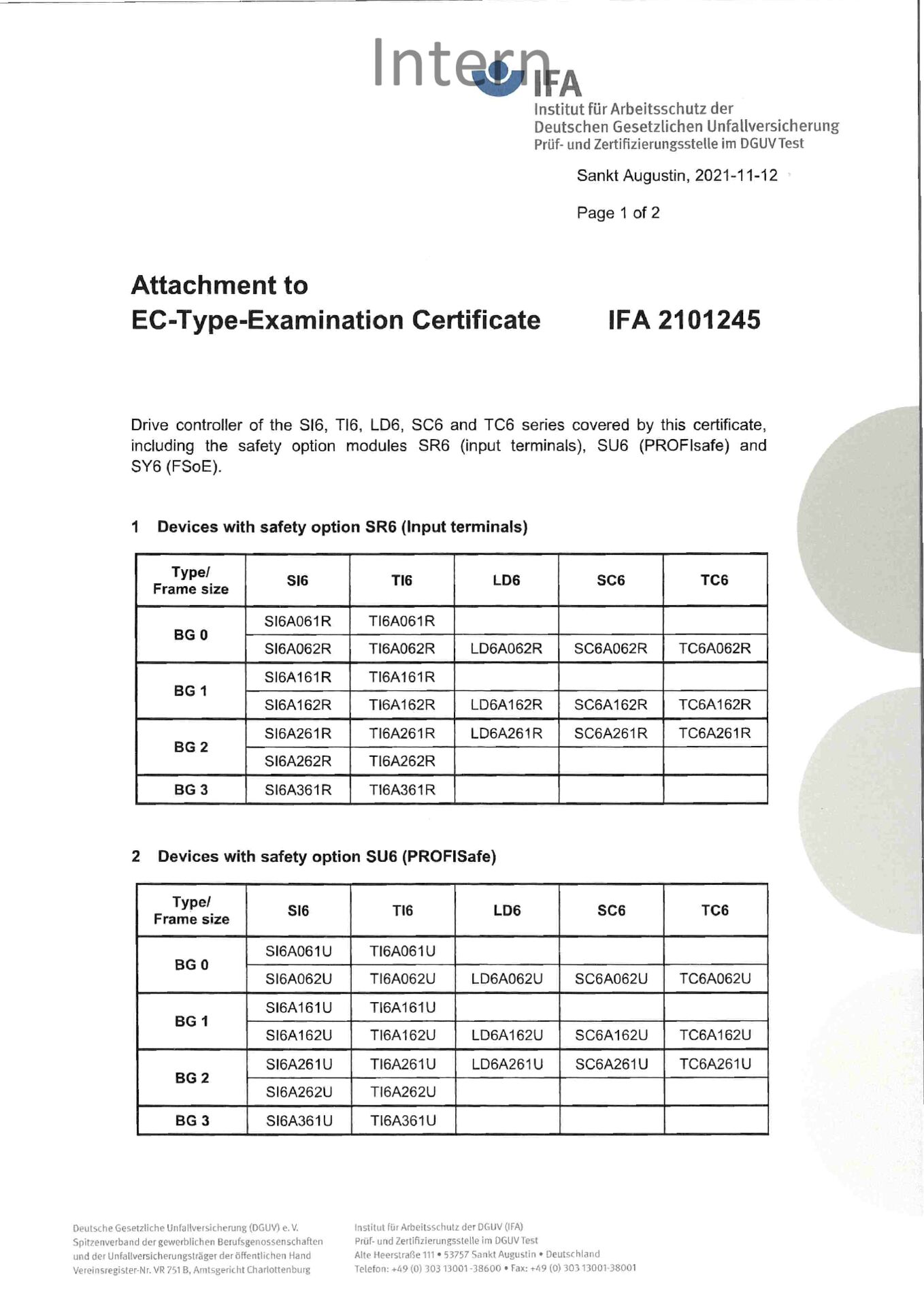 Attachment to EC-type examination certificate SC6 SI6