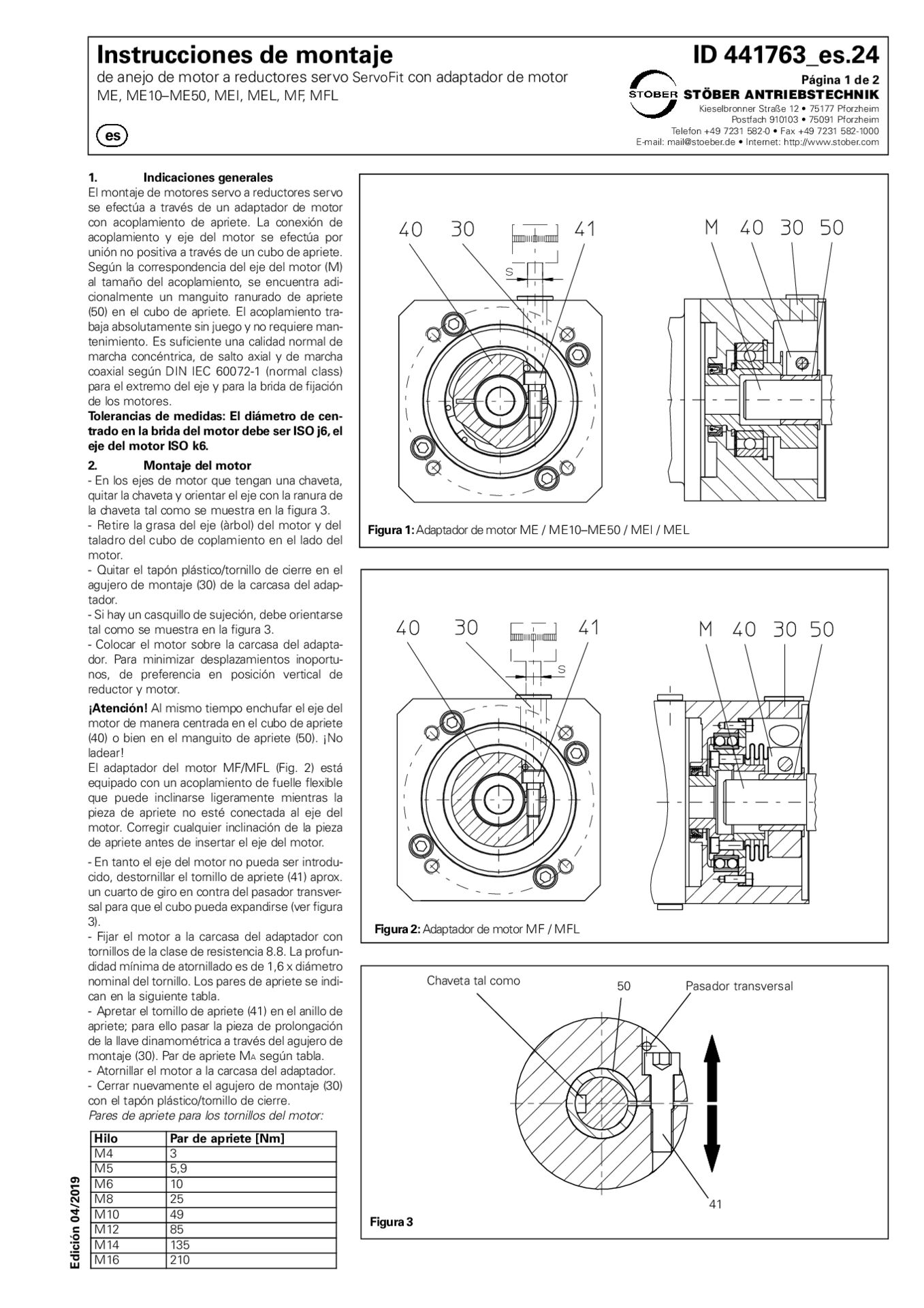 Instrucciones de montaje de aneho de motor a reductores servo Servofit con adaptor de motor ME ME10-ME50 MEI MEL MG MFL