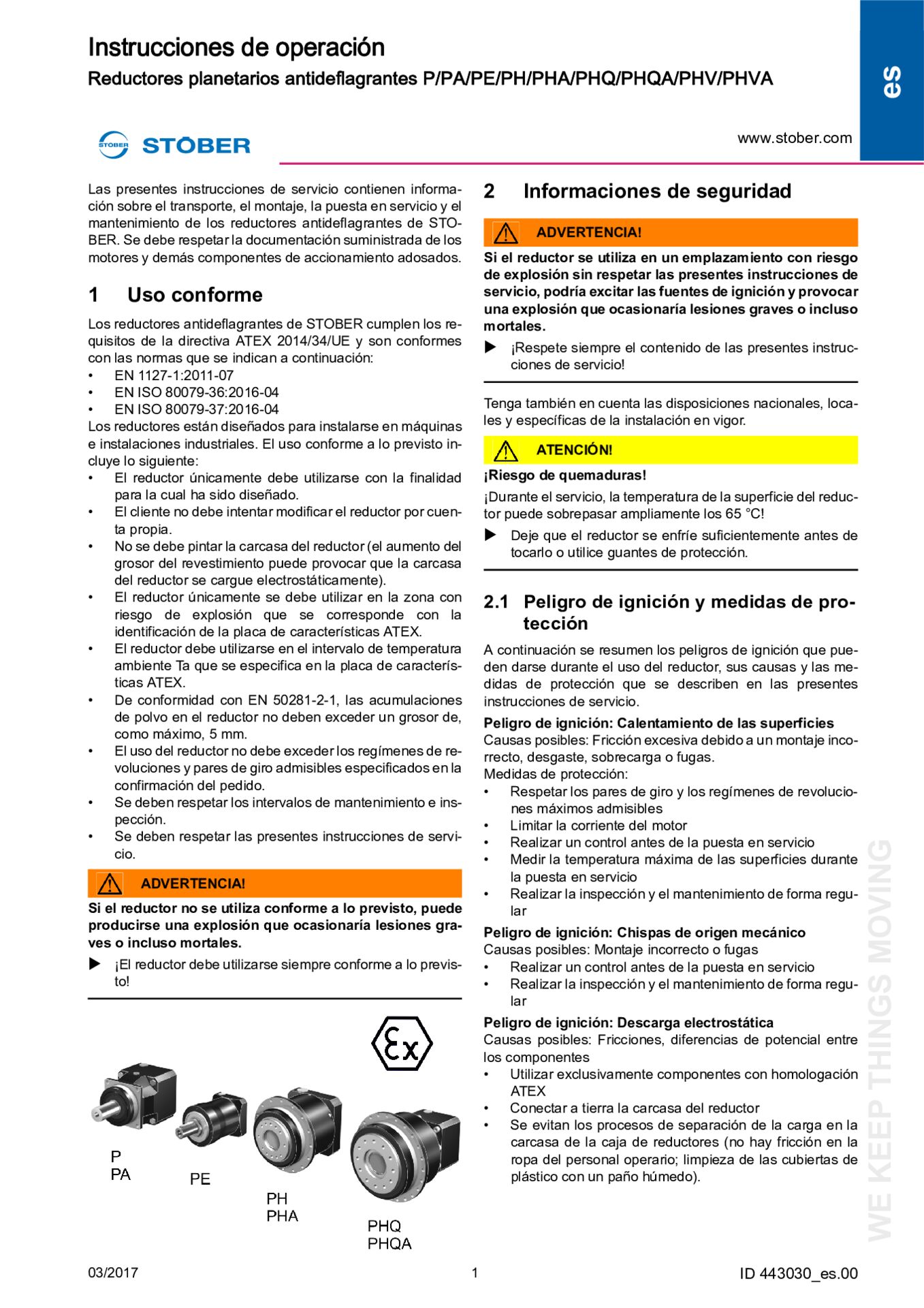 Istruzioni per l''uso Riduttori planetari antideflagrante (ATEX) P/PA/PE/PH/PHA/PHQ/PHQA/PHV/PHVA
