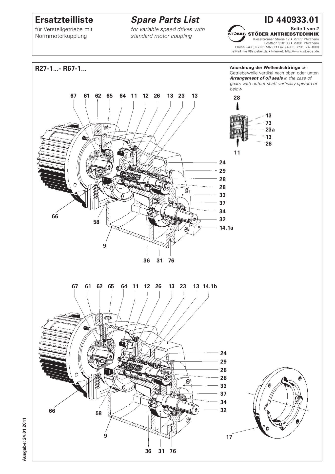 Spare parts list R27-1/R37-1/R47-1/R57-1/R67-1 with standard motor coupling