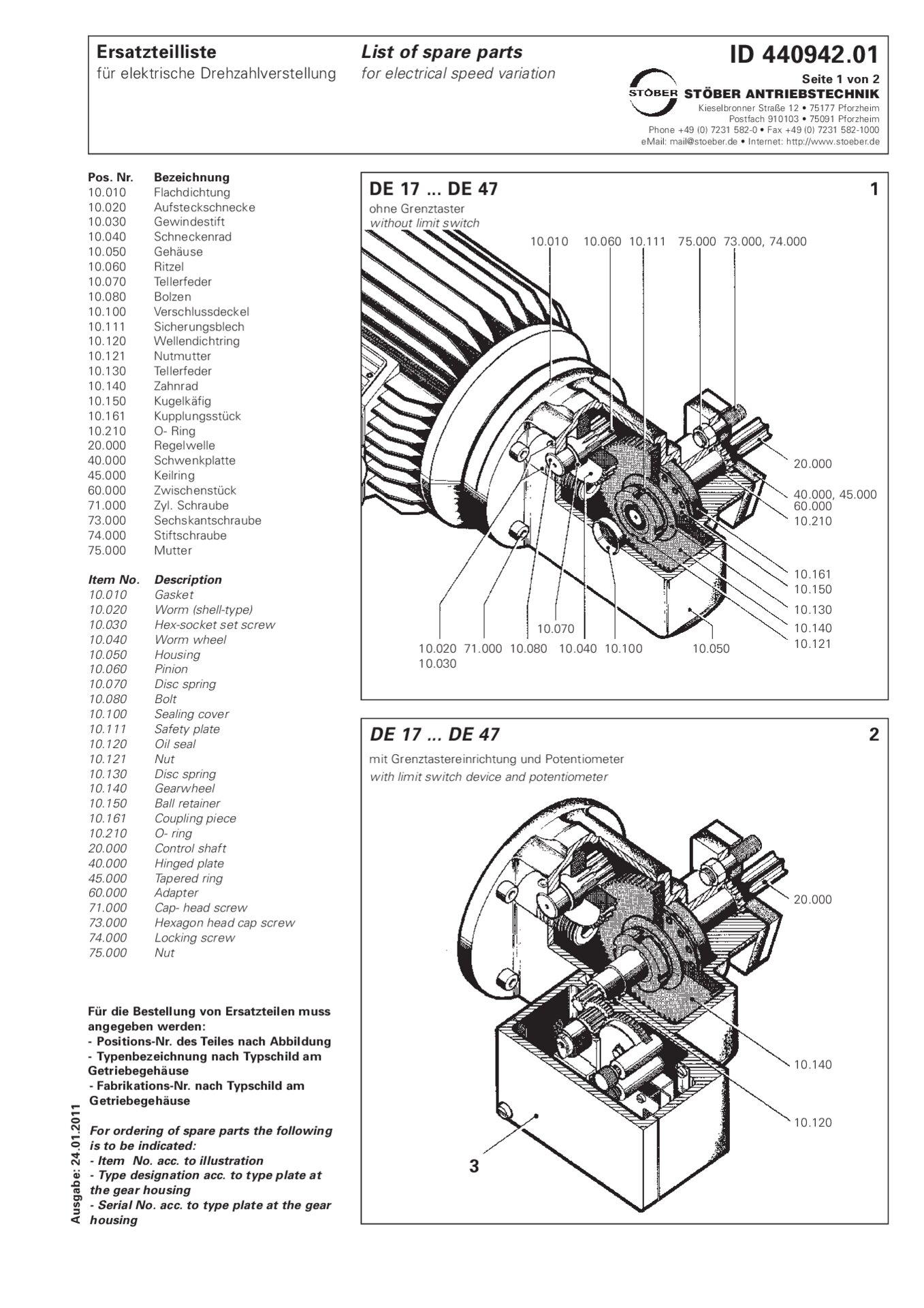 Spare parts list DE17/DE27/D37/DE47 for electrical speed variation