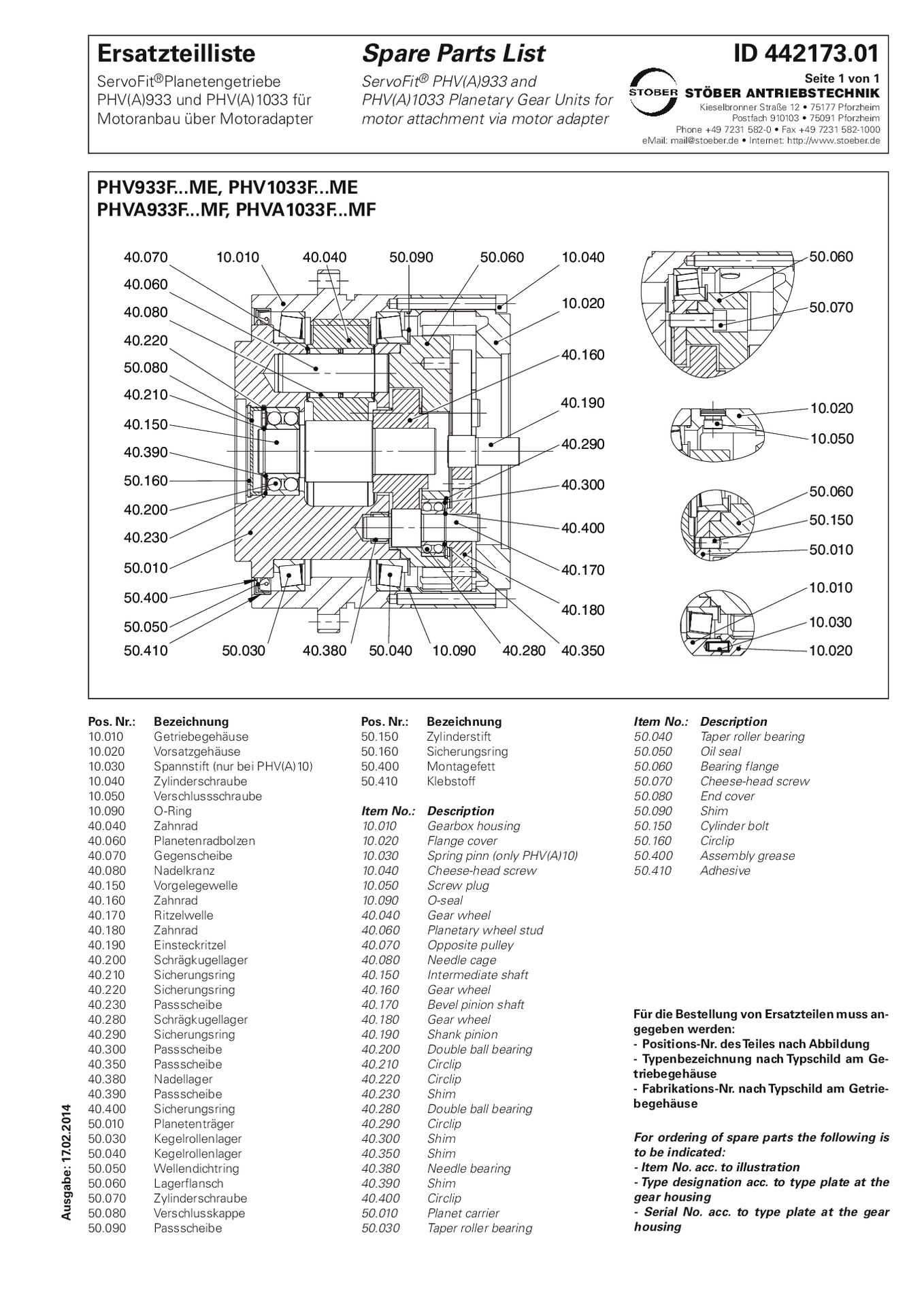 Ersatzteilliste Planetengetriebe PHV933 PHV1033 mit ME_AdapterReplacement parts list planetary gear units PHV933 PHV1033 with ME adapter