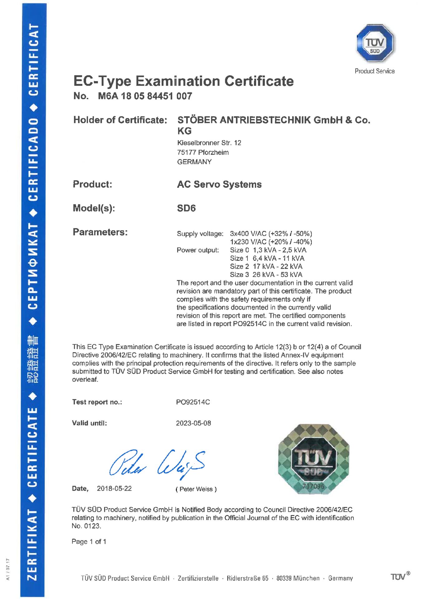 EC-type examination certificate SD6EG-Baumusterprüfbescheinigung SD6 (nur auf Englisch verfügbar!)