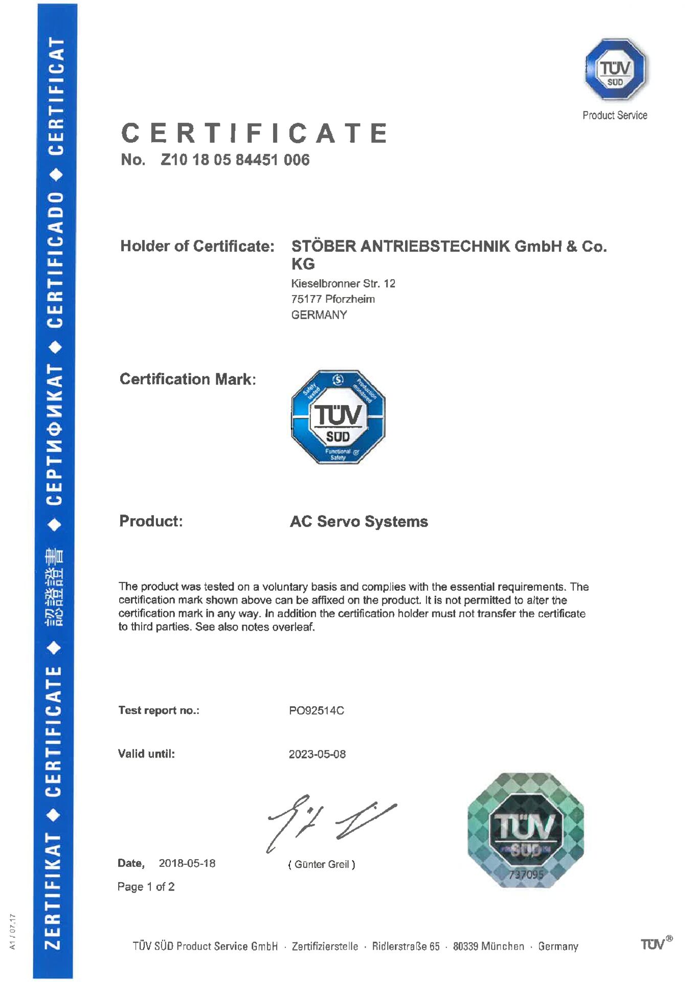 TÜV-Prüfzertifikat SD6 (nur auf Englisch verfügbar!)TÜV test certificate SD6 drive controller